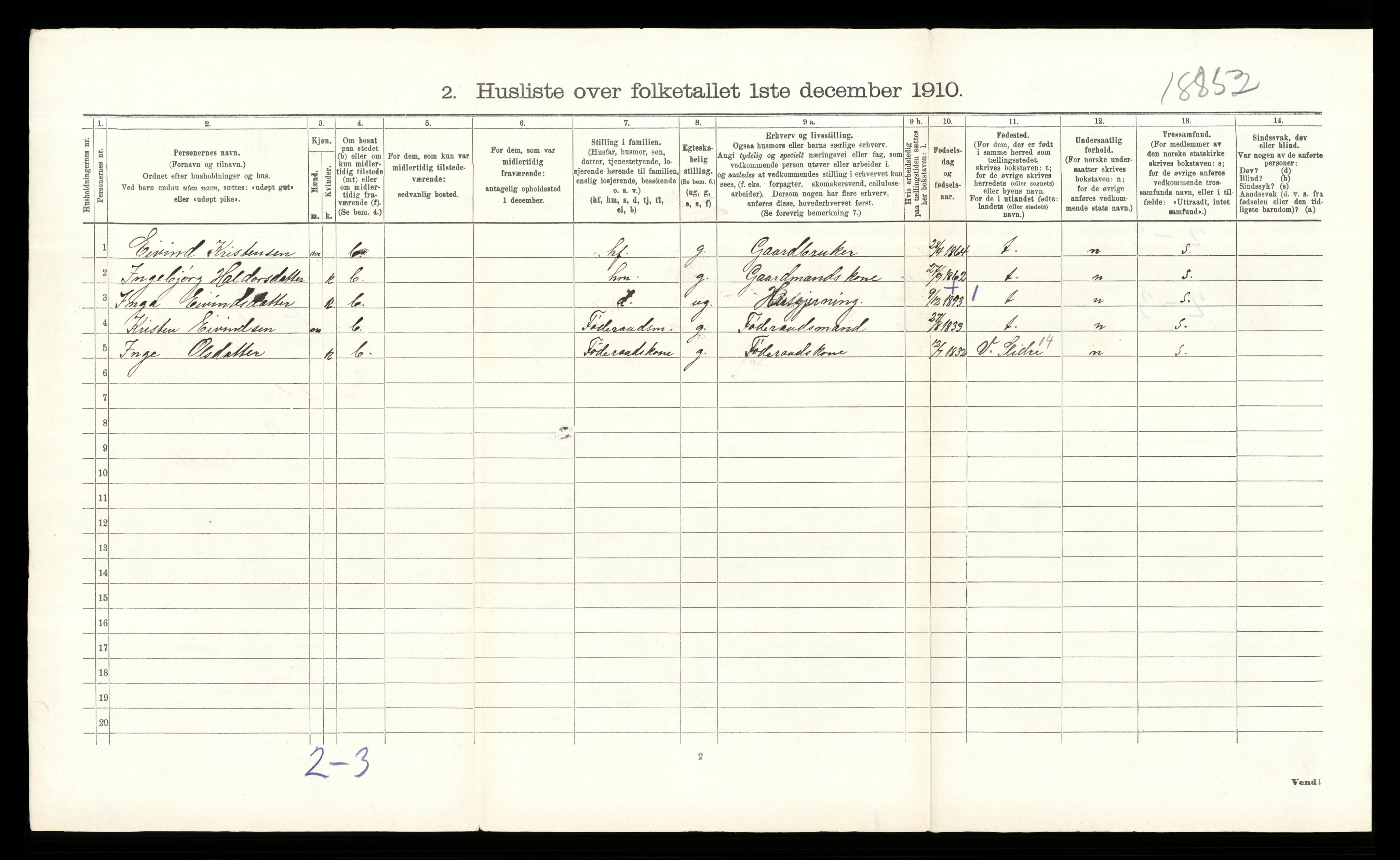 RA, 1910 census for Øystre Slidre, 1910, p. 239