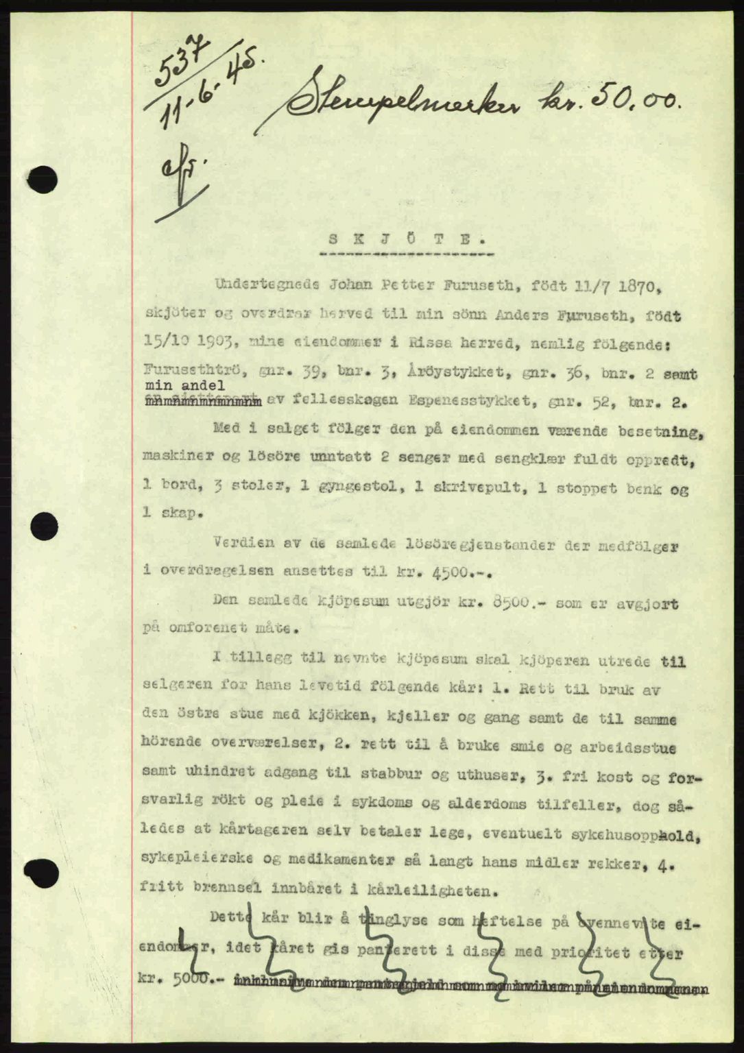 Fosen sorenskriveri, AV/SAT-A-1107/1/2/2C: Mortgage book no. A3, 1943-1945, Diary no: : 537/1945