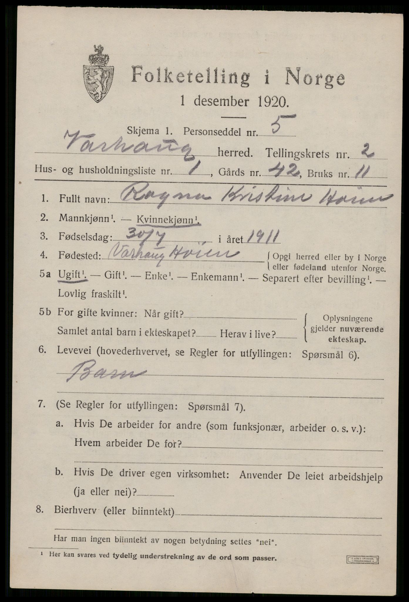 SAST, 1920 census for Varhaug, 1920, p. 1995