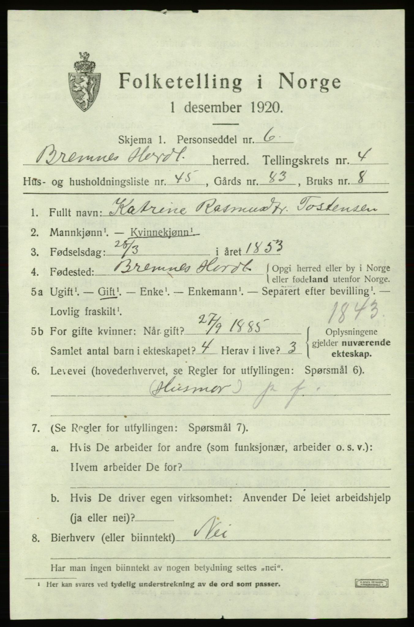 SAB, 1920 census for Bremnes, 1920, p. 2494