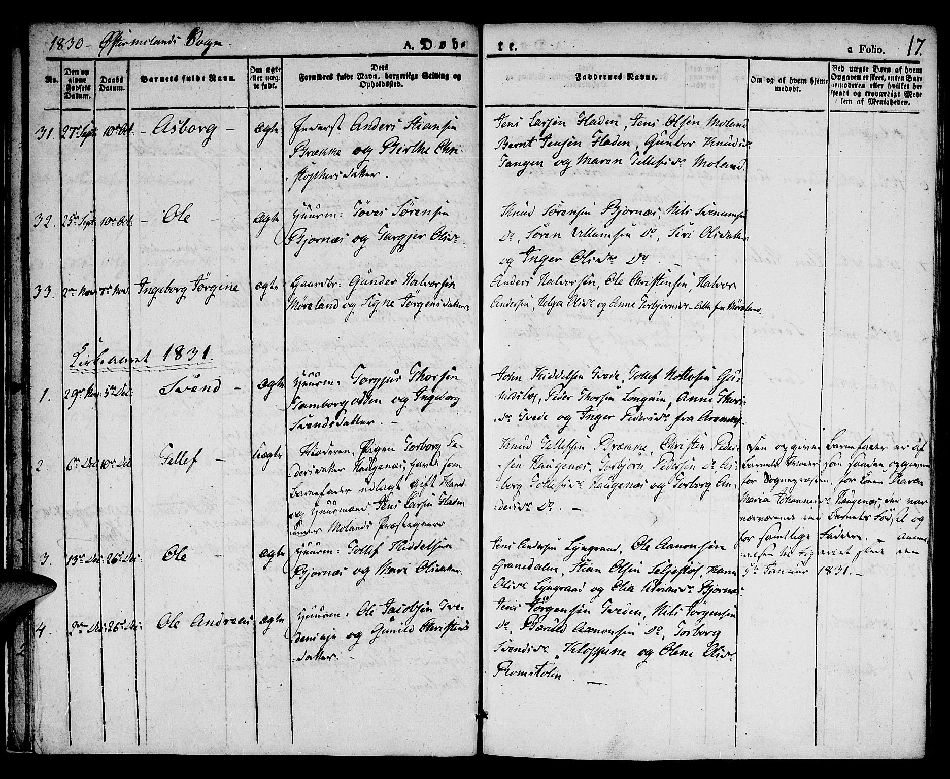 Austre Moland sokneprestkontor, SAK/1111-0001/F/Fa/Faa/L0005: Parish register (official) no. A 5, 1825-1837, p. 17