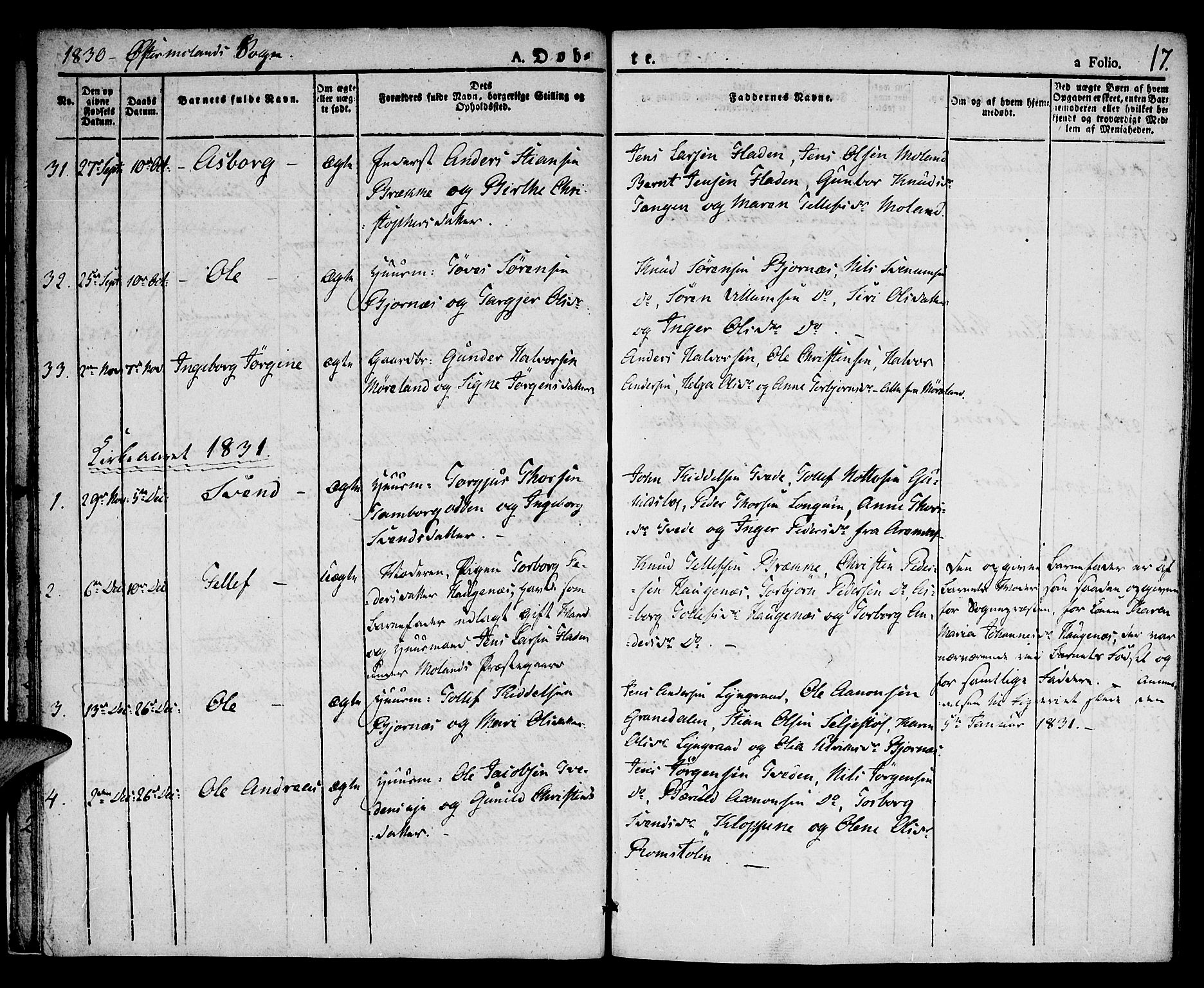 Austre Moland sokneprestkontor, AV/SAK-1111-0001/F/Fa/Faa/L0005: Parish register (official) no. A 5, 1825-1837, p. 17