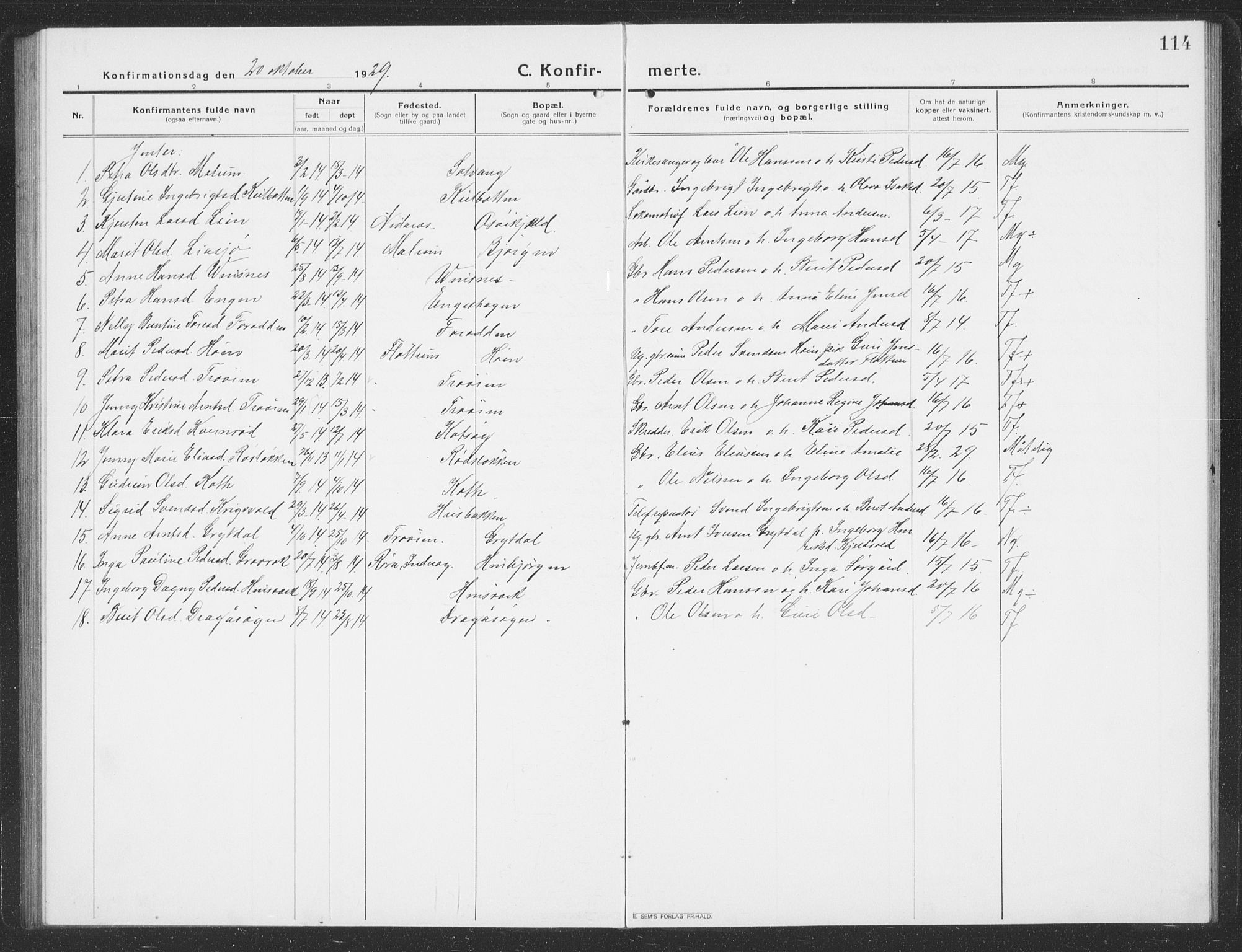 Ministerialprotokoller, klokkerbøker og fødselsregistre - Sør-Trøndelag, SAT/A-1456/688/L1030: Parish register (copy) no. 688C05, 1916-1939, p. 114