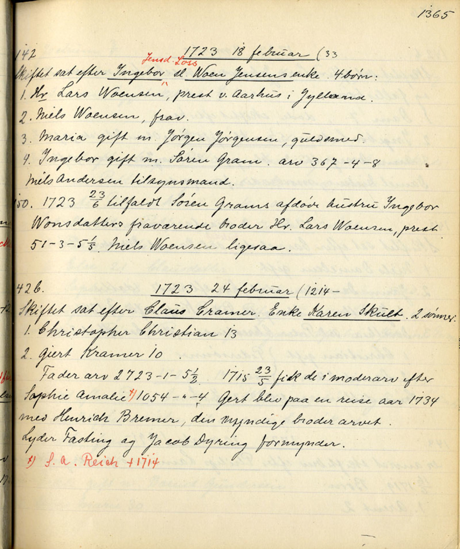 Sollied, Olaf og Thora - samlinger, SAB/SAB/DA-0401/01/L0011/0001: Skifte: Utdrag av registreringsprotokoll / 96 Skifte: utdrag av registreringsprotokoll, 1675-1738, p. 1365