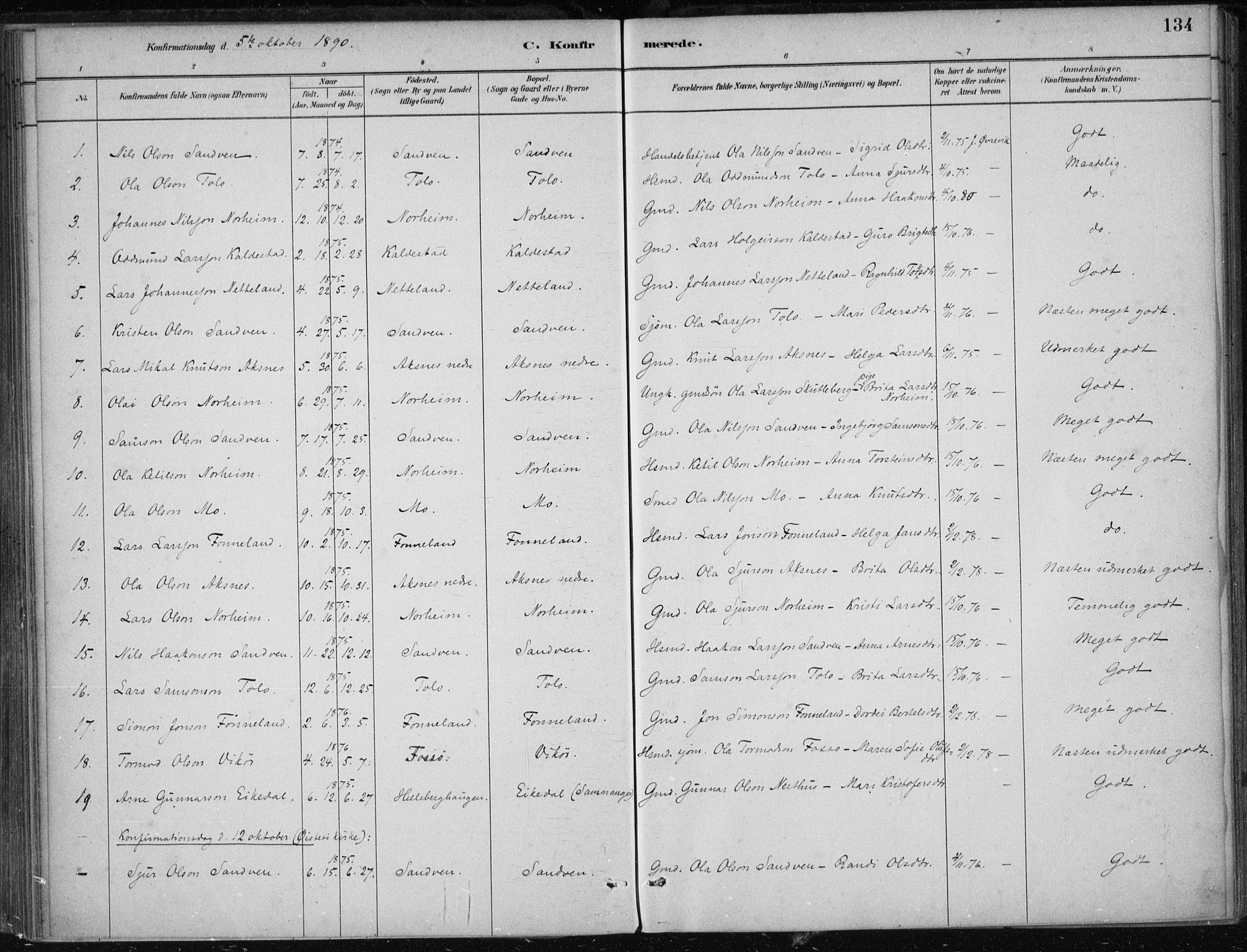 Kvam sokneprestembete, SAB/A-76201/H/Haa: Parish register (official) no. B  1, 1880-1908, p. 134