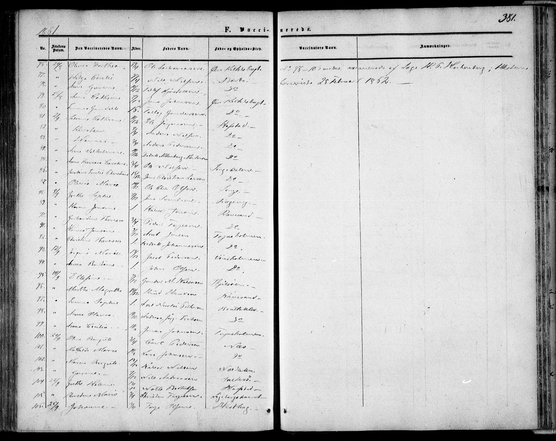 Tromøy sokneprestkontor, SAK/1111-0041/F/Fa/L0006: Parish register (official) no. A 6, 1855-1863, p. 381