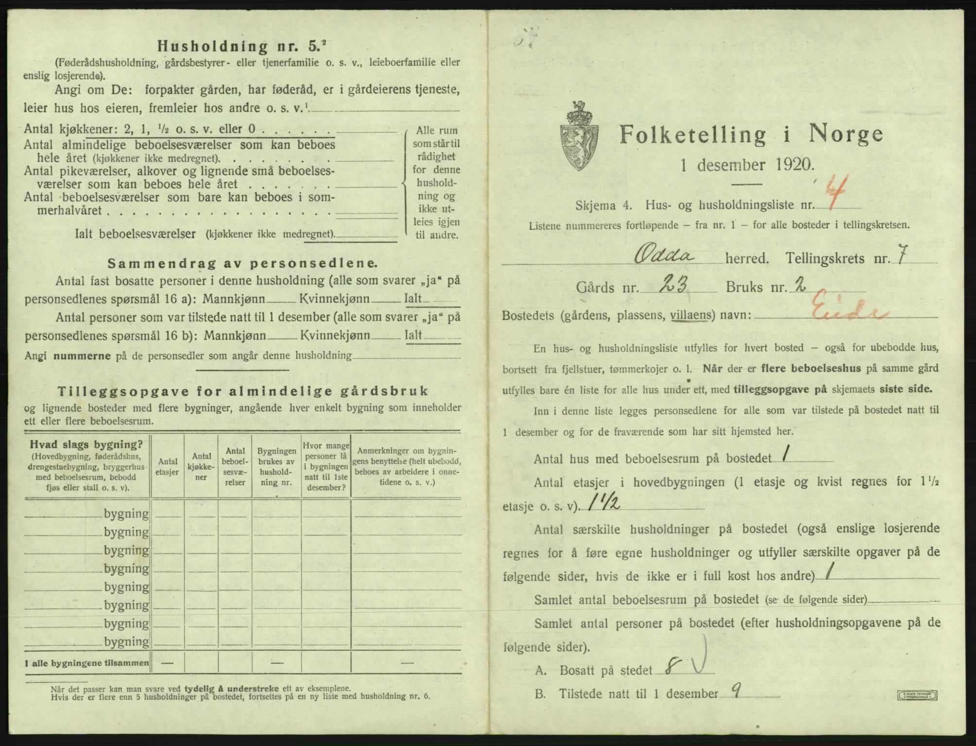 SAB, 1920 census for Odda, 1920, p. 513