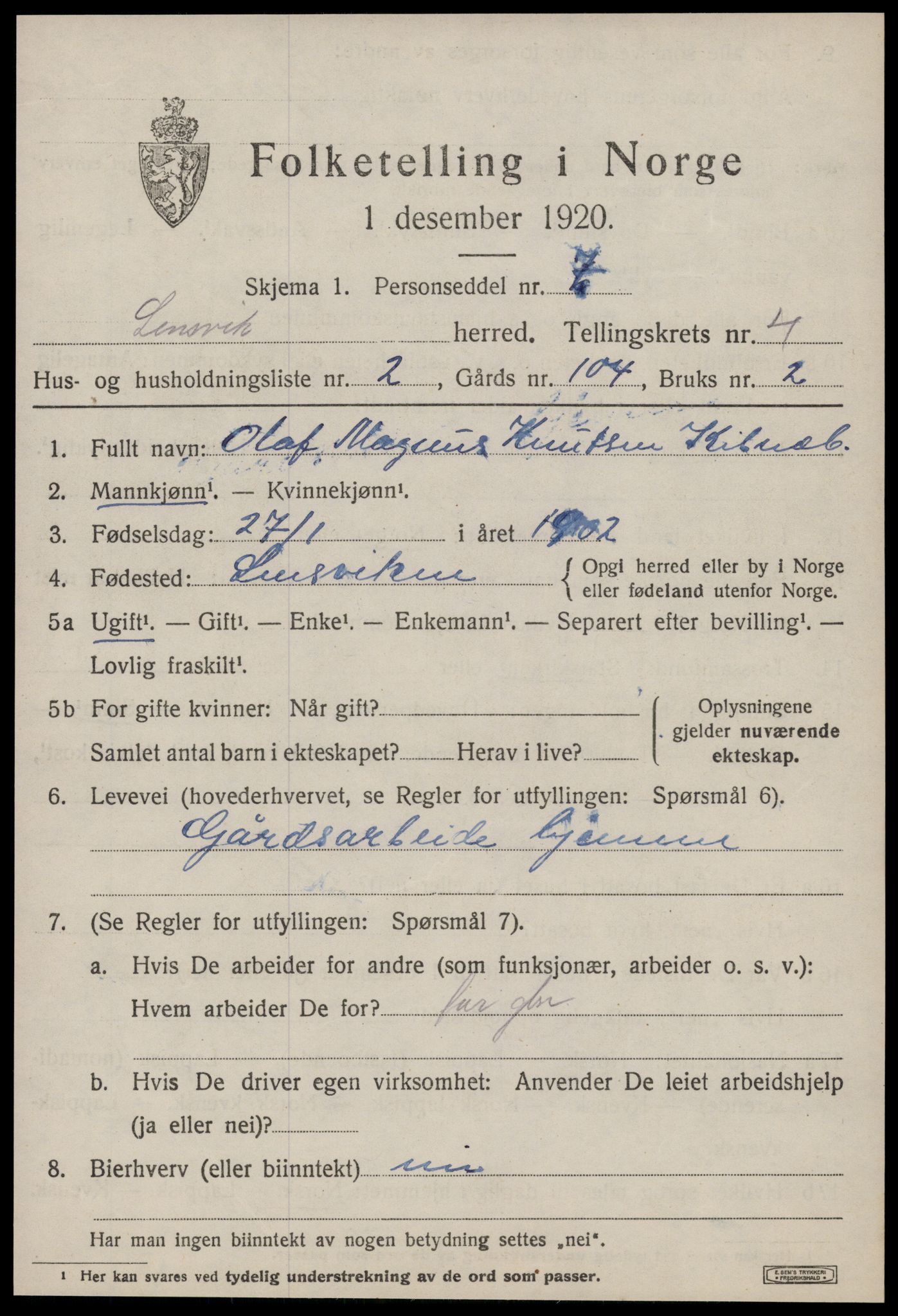 SAT, 1920 census for Lensvik, 1920, p. 2168