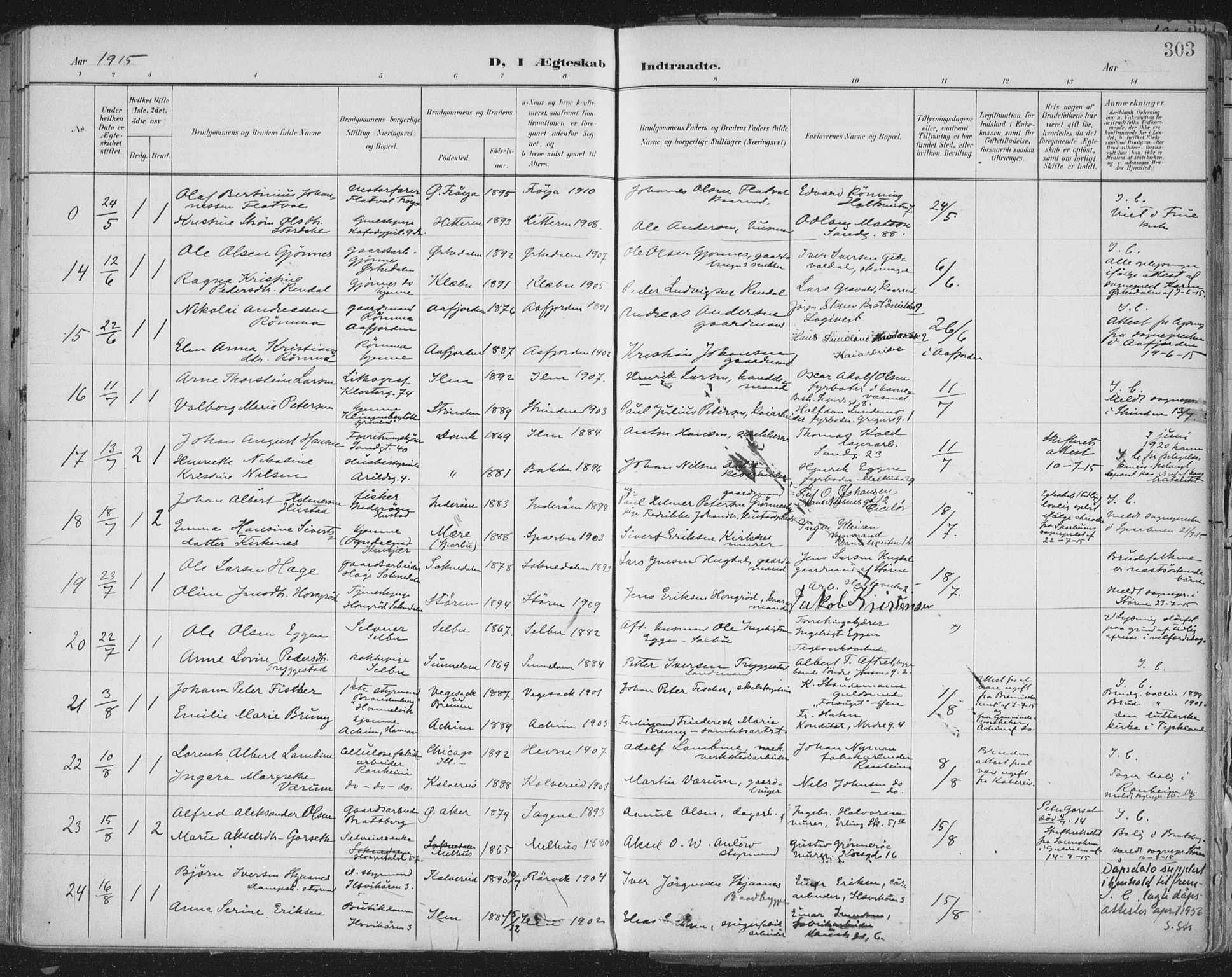 Ministerialprotokoller, klokkerbøker og fødselsregistre - Sør-Trøndelag, AV/SAT-A-1456/603/L0167: Parish register (official) no. 603A06, 1896-1932, p. 303