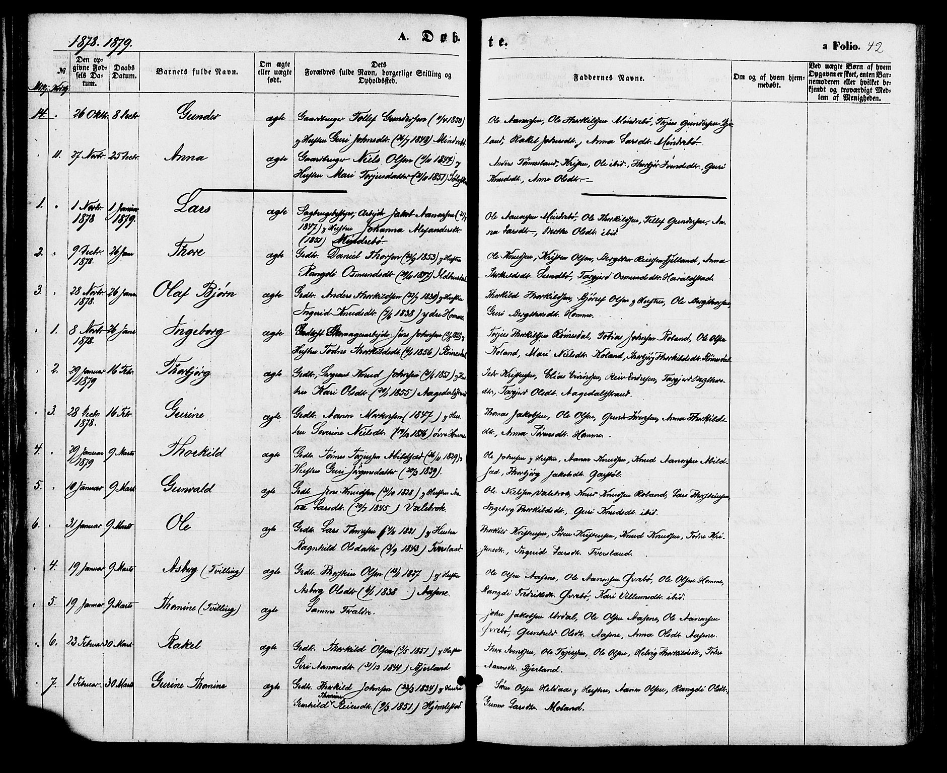 Bjelland sokneprestkontor, SAK/1111-0005/F/Fa/Faa/L0003: Parish register (official) no. A 3, 1867-1887, p. 42