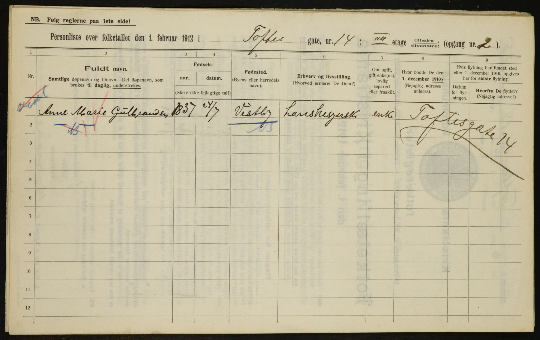 OBA, Municipal Census 1912 for Kristiania, 1912, p. 111516