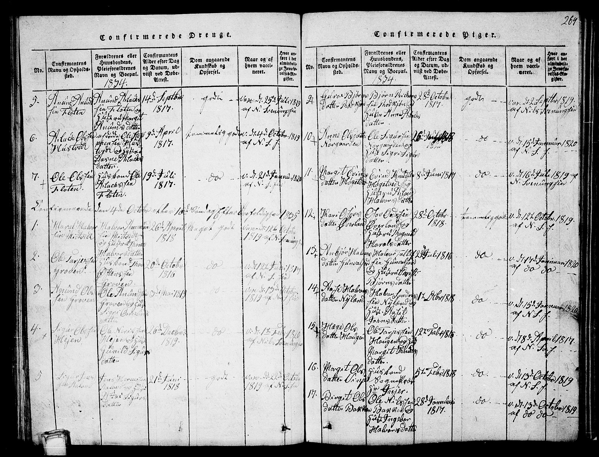 Vinje kirkebøker, SAKO/A-312/G/Ga/L0001: Parish register (copy) no. I 1, 1814-1843, p. 264
