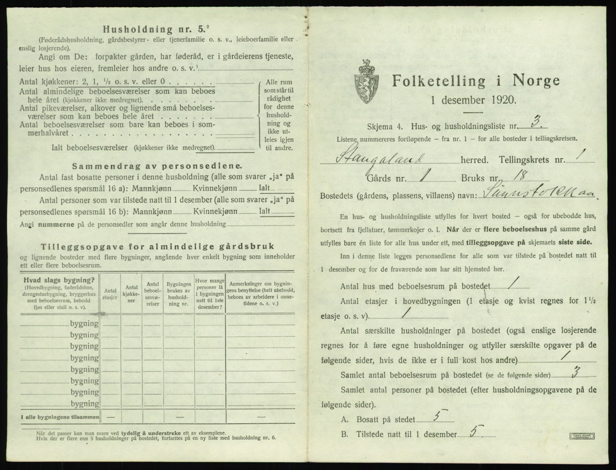 SAST, 1920 census for Stangaland, 1920, p. 33