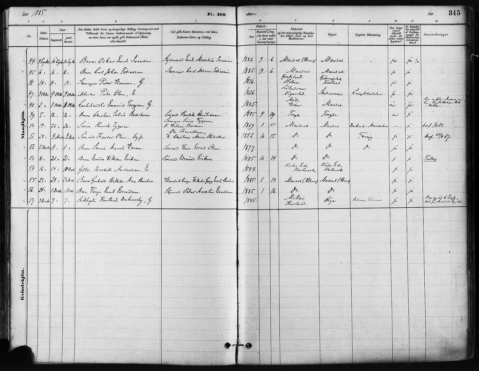 Mandal sokneprestkontor, AV/SAK-1111-0030/F/Fa/Faa/L0016: Parish register (official) no. A 16, 1880-1890, p. 345