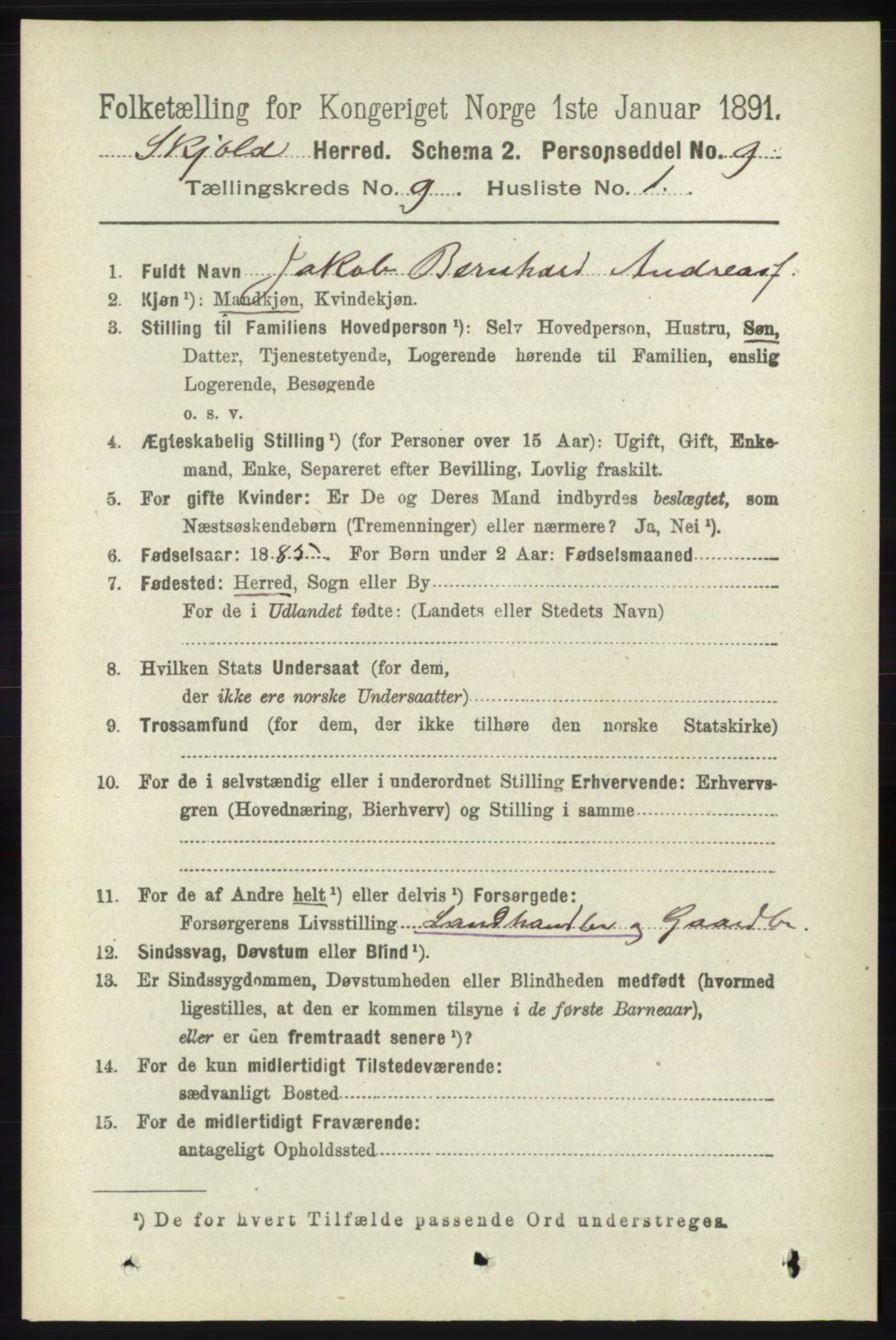 RA, 1891 census for 1154 Skjold, 1891, p. 1791