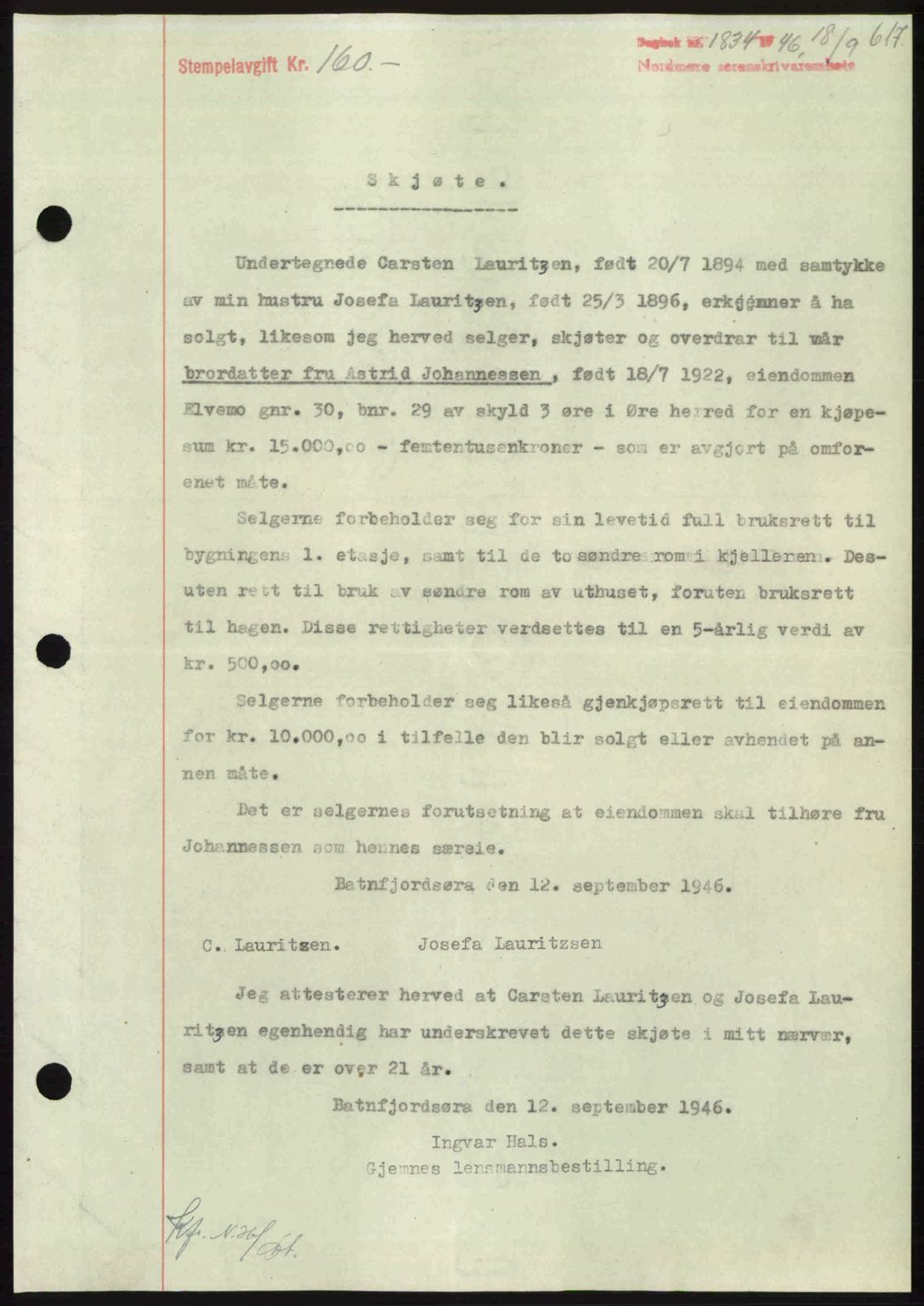 Nordmøre sorenskriveri, AV/SAT-A-4132/1/2/2Ca: Mortgage book no. A102, 1946-1946, Diary no: : 1834/1946