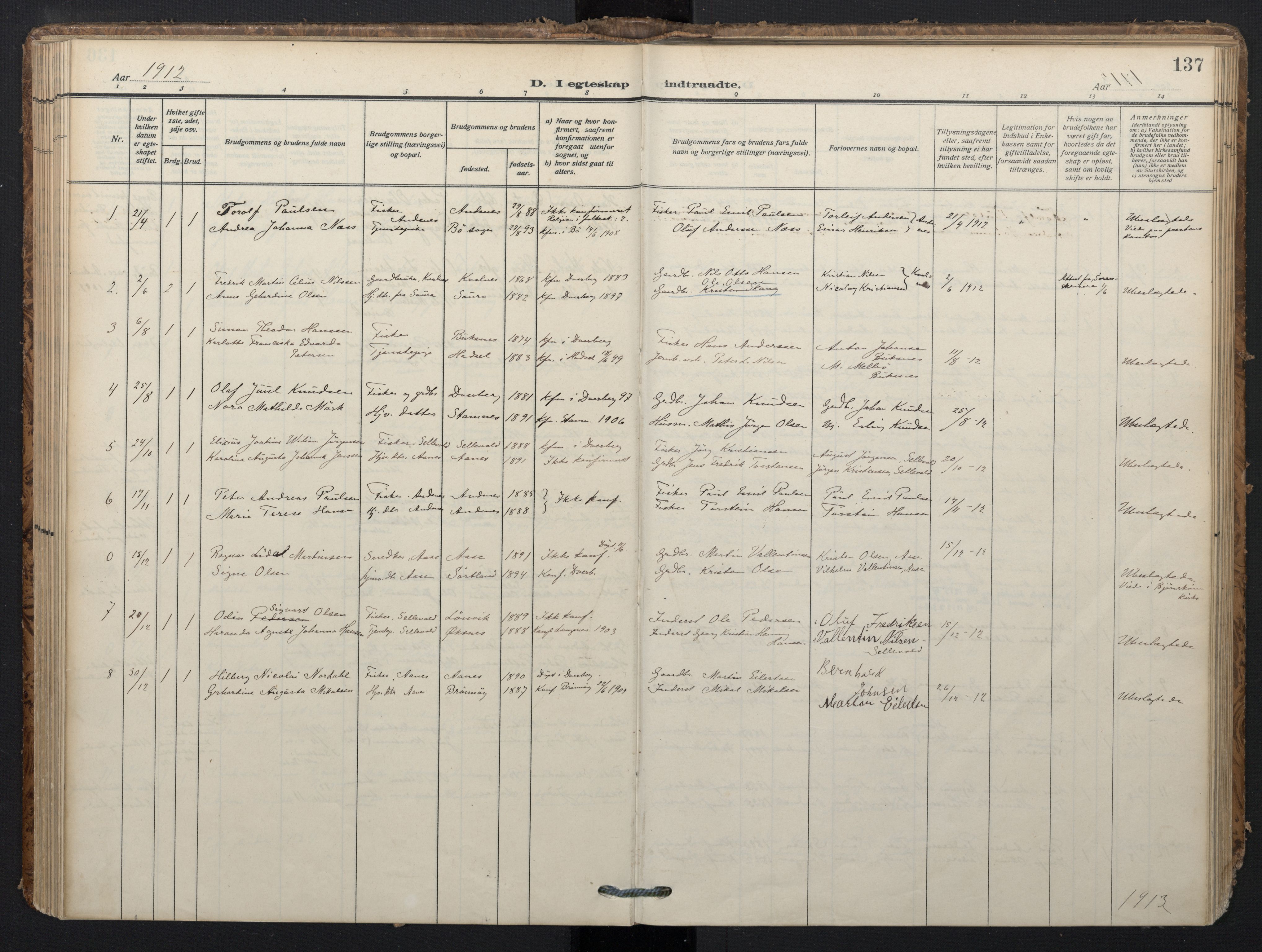 Ministerialprotokoller, klokkerbøker og fødselsregistre - Nordland, SAT/A-1459/897/L1401: Parish register (official) no. 897A08, 1909-1921, p. 137