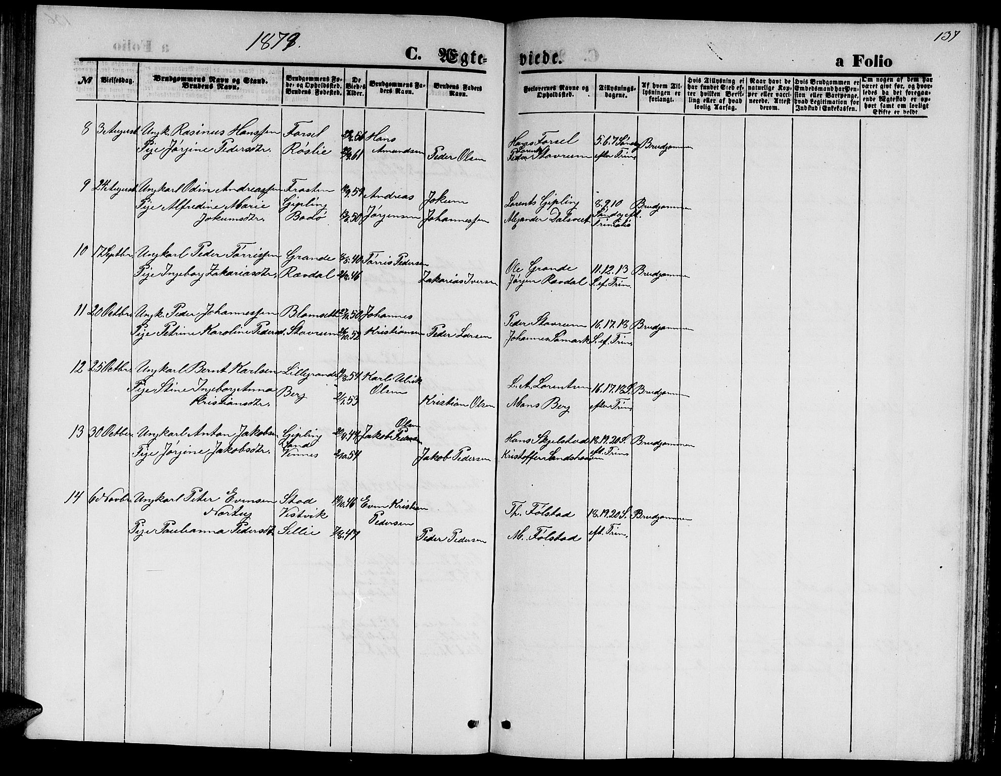 Ministerialprotokoller, klokkerbøker og fødselsregistre - Nord-Trøndelag, SAT/A-1458/744/L0422: Parish register (copy) no. 744C01, 1871-1885, p. 137