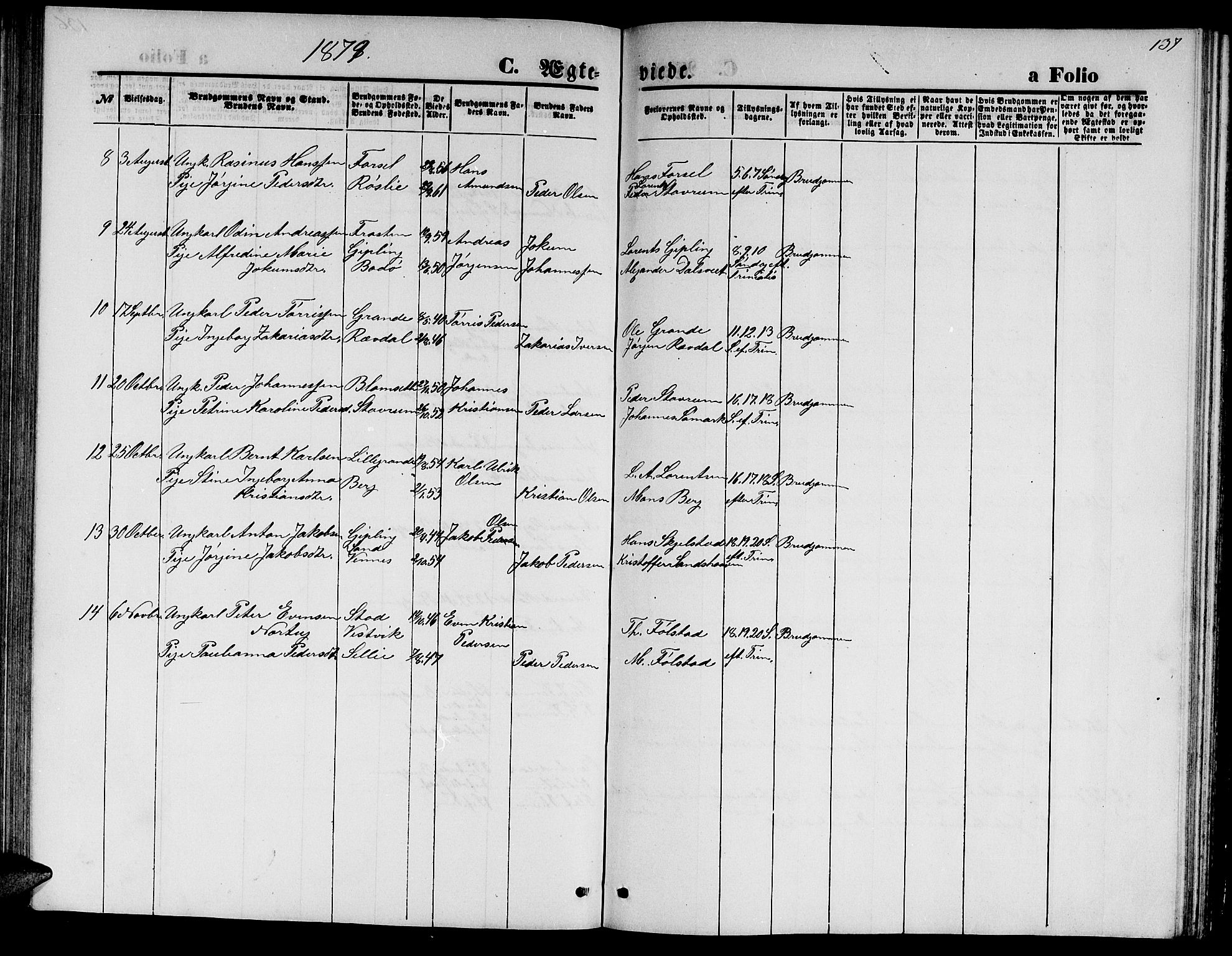 Ministerialprotokoller, klokkerbøker og fødselsregistre - Nord-Trøndelag, AV/SAT-A-1458/744/L0422: Parish register (copy) no. 744C01, 1871-1885, p. 137