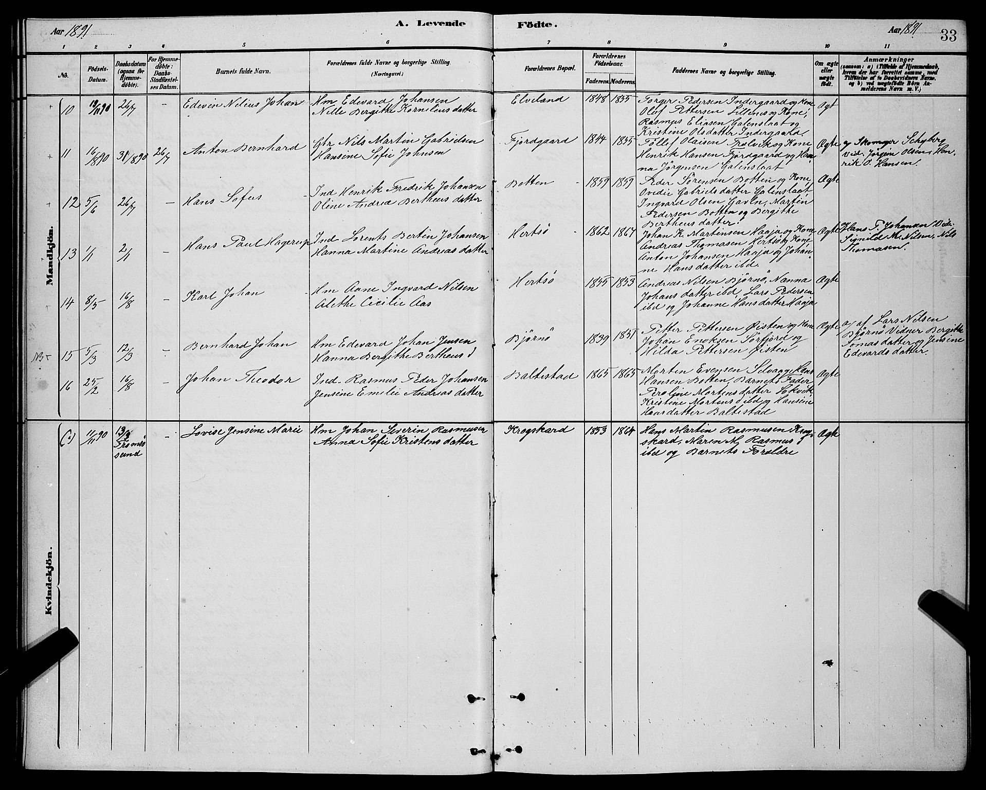 Lenvik sokneprestembete, AV/SATØ-S-1310/H/Ha/Hab/L0021klokker: Parish register (copy) no. 21, 1884-1900, p. 33