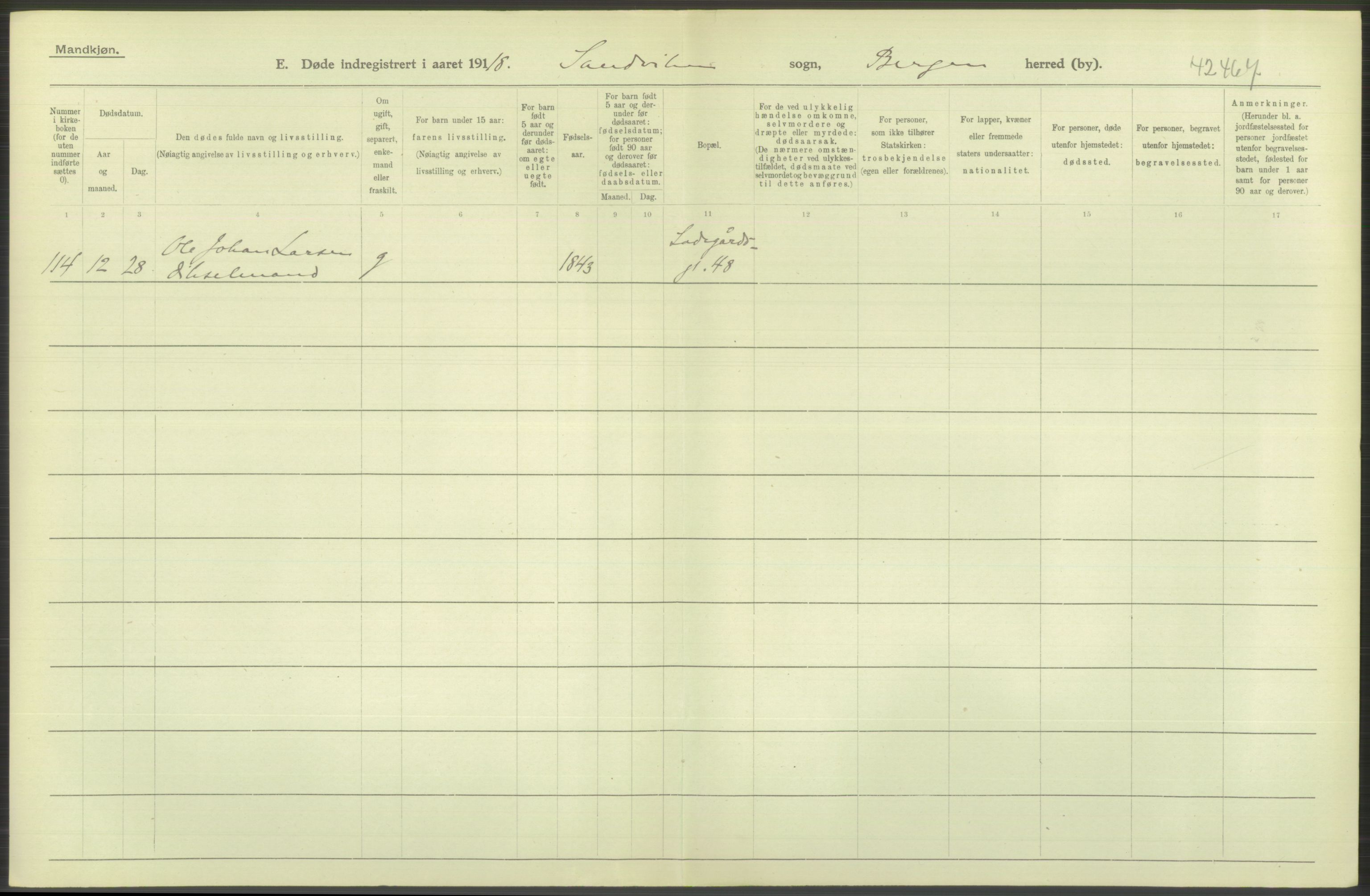 Statistisk sentralbyrå, Sosiodemografiske emner, Befolkning, AV/RA-S-2228/D/Df/Dfb/Dfbh/L0039: Bergen: Døde., 1918, p. 142
