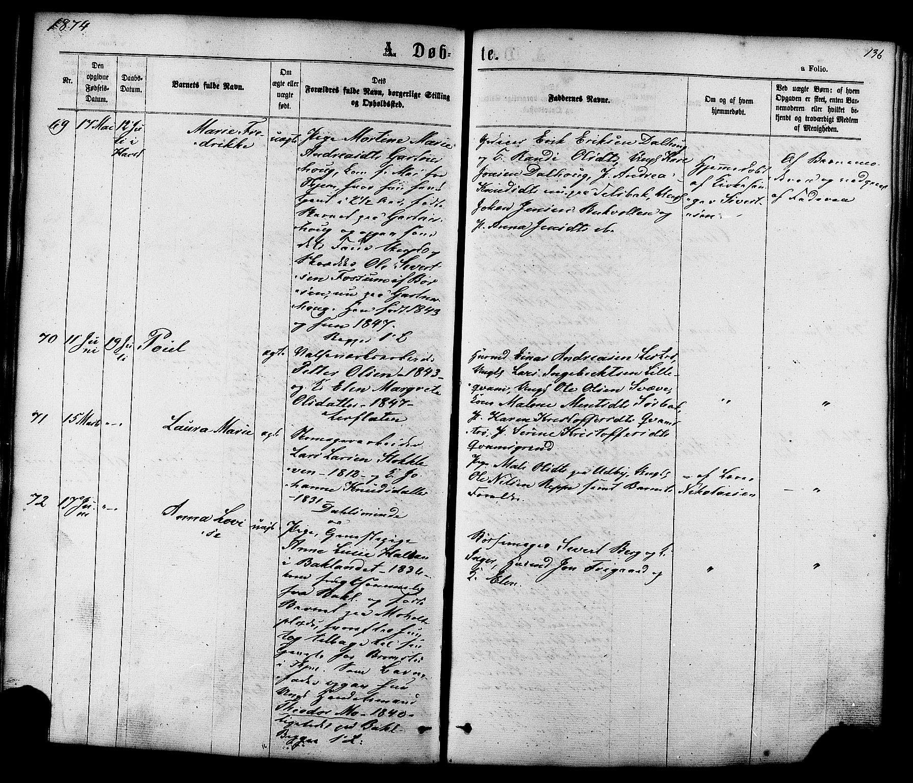 Ministerialprotokoller, klokkerbøker og fødselsregistre - Sør-Trøndelag, AV/SAT-A-1456/606/L0293: Parish register (official) no. 606A08, 1866-1877, p. 136