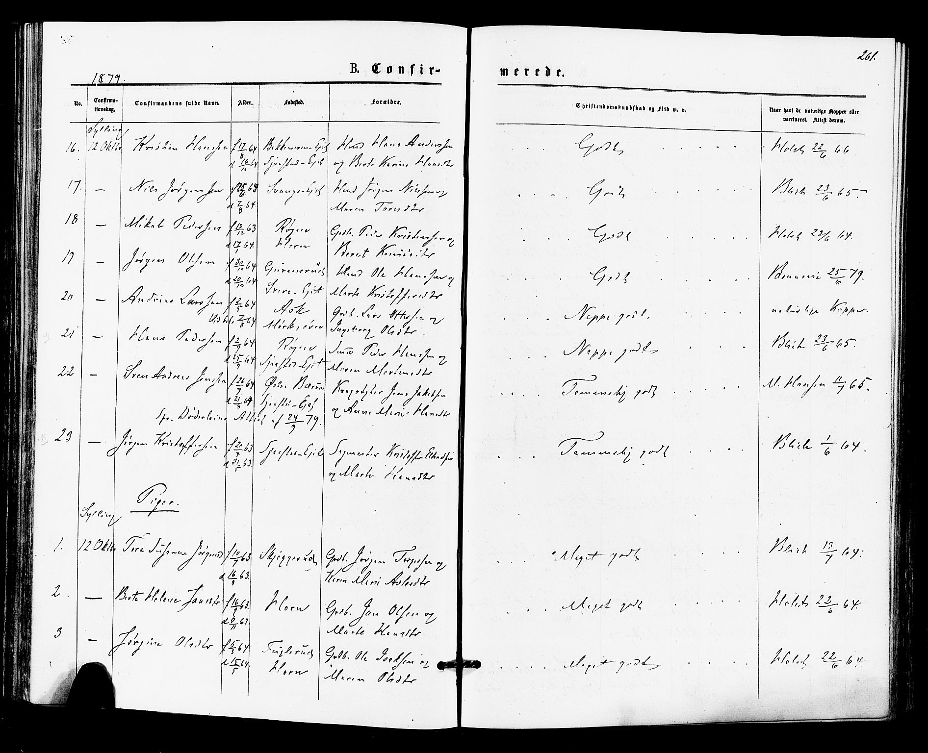 Lier kirkebøker, AV/SAKO-A-230/F/Fa/L0014: Parish register (official) no. I 14, 1875-1882, p. 261