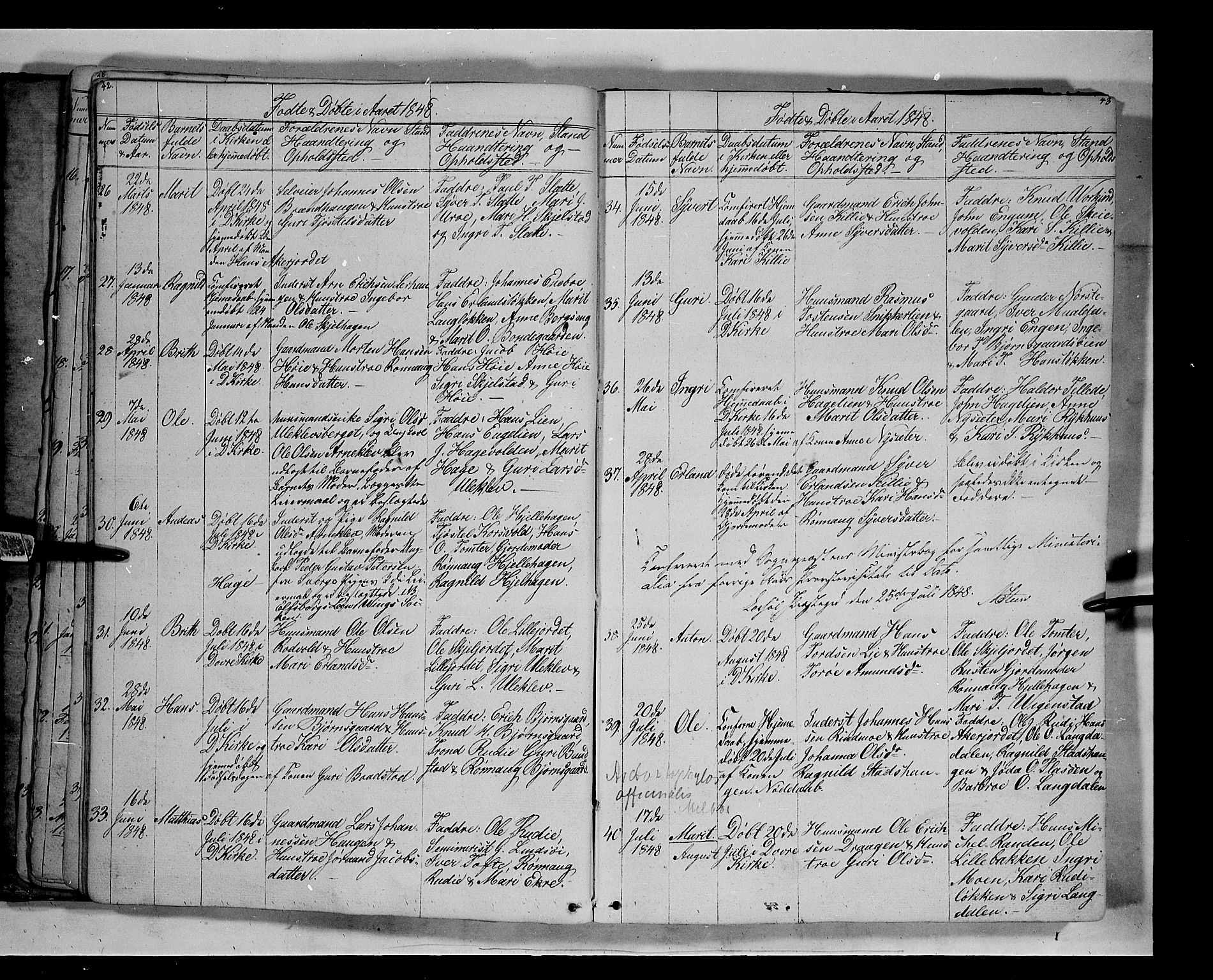 Lesja prestekontor, SAH/PREST-068/H/Ha/Hab/L0003: Parish register (copy) no. 3, 1842-1862, p. 42-43