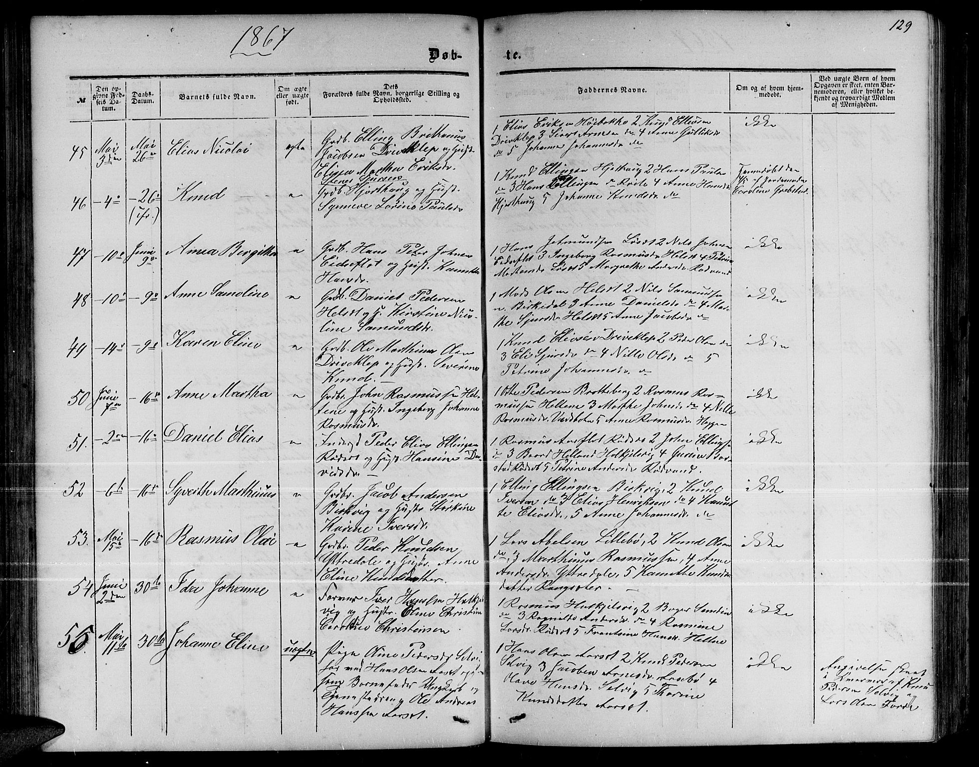 Ministerialprotokoller, klokkerbøker og fødselsregistre - Møre og Romsdal, AV/SAT-A-1454/511/L0157: Parish register (copy) no. 511C03, 1864-1884, p. 129