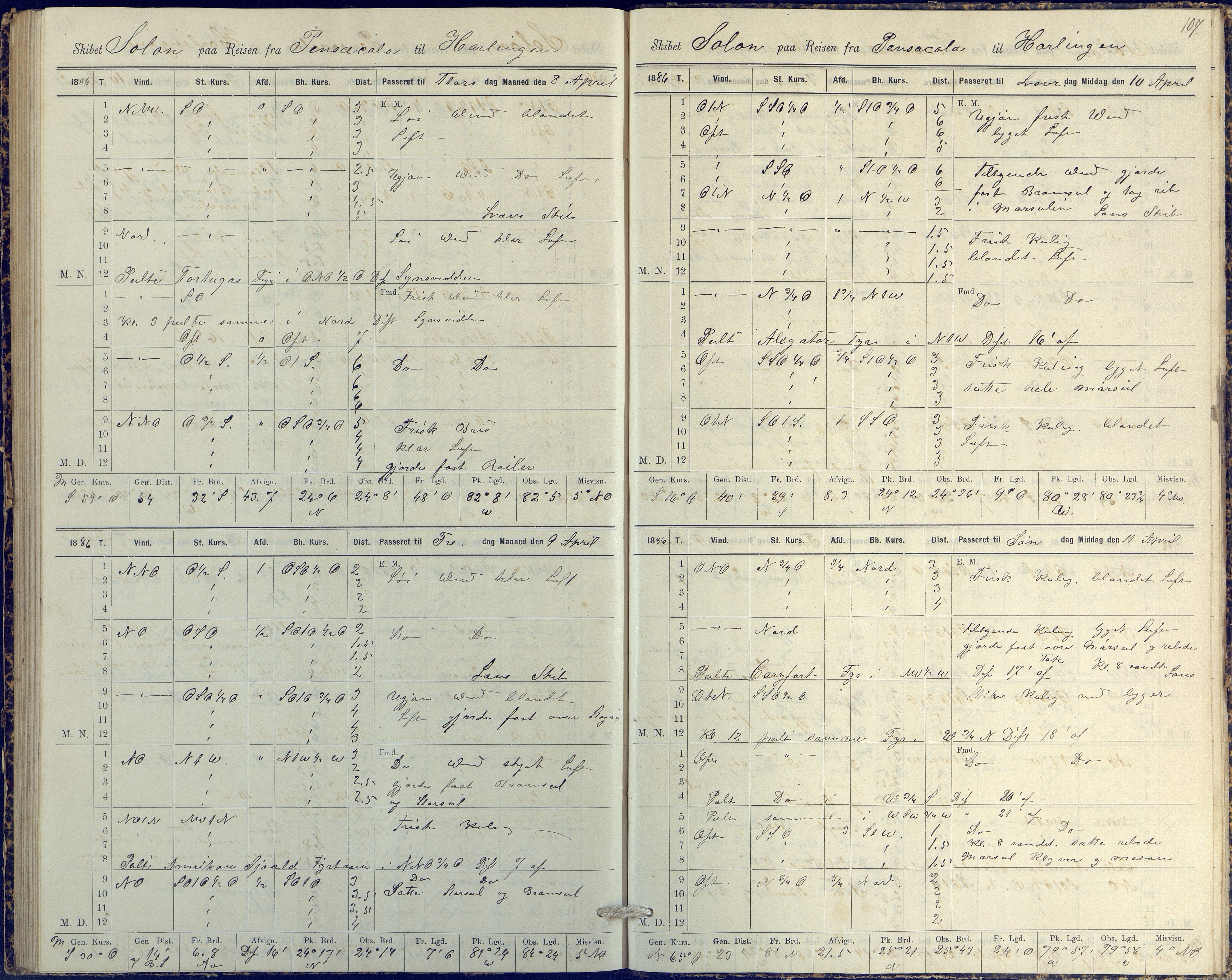 Fartøysarkivet, AAKS/PA-1934/F/L0331/0003: Solon (fregatt) / Solon (fregatt) skipsjournal 1884-1885, 1884-1885, p. 107