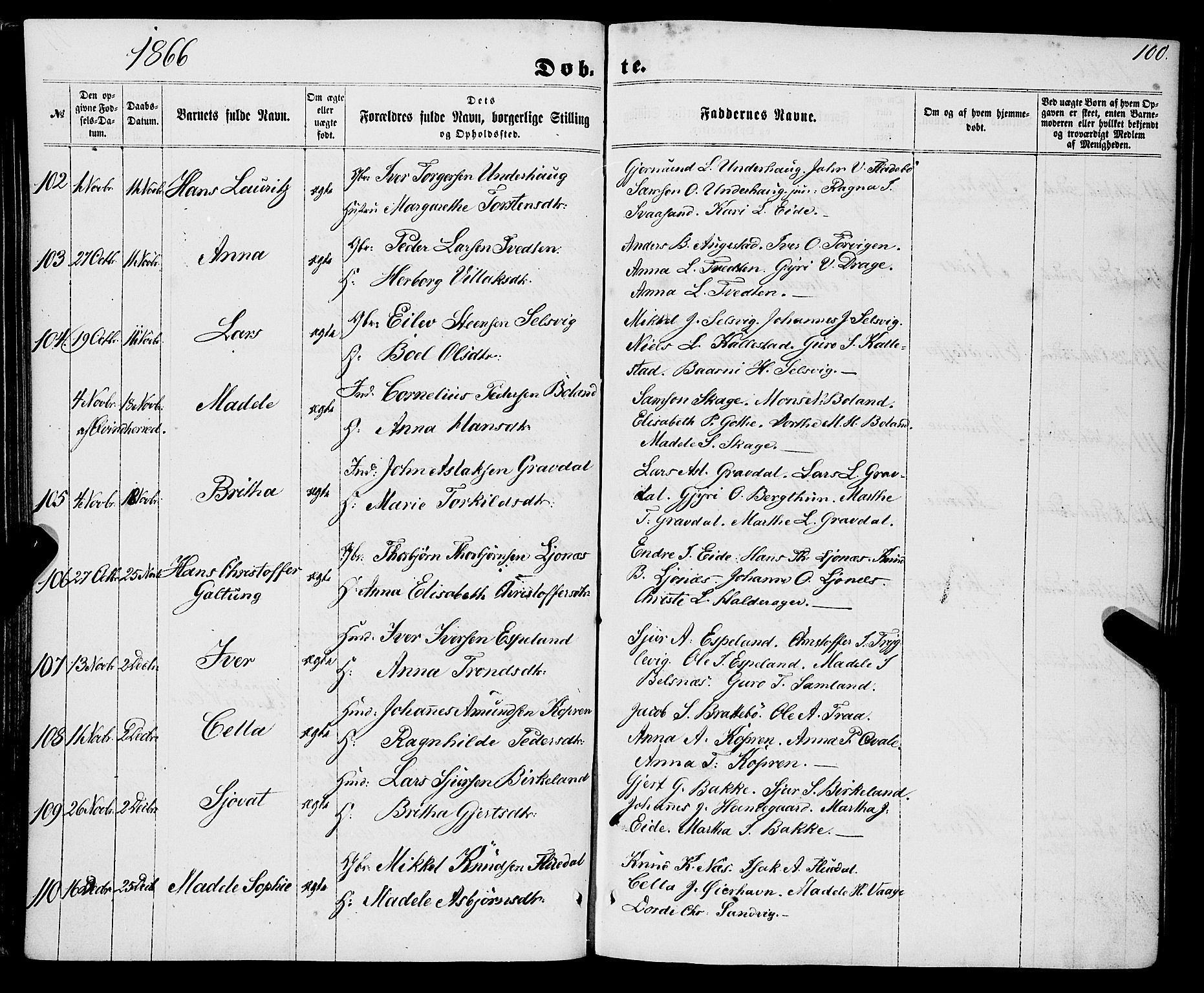 Strandebarm sokneprestembete, SAB/A-78401/H/Haa: Parish register (official) no. A 8, 1858-1872, p. 100