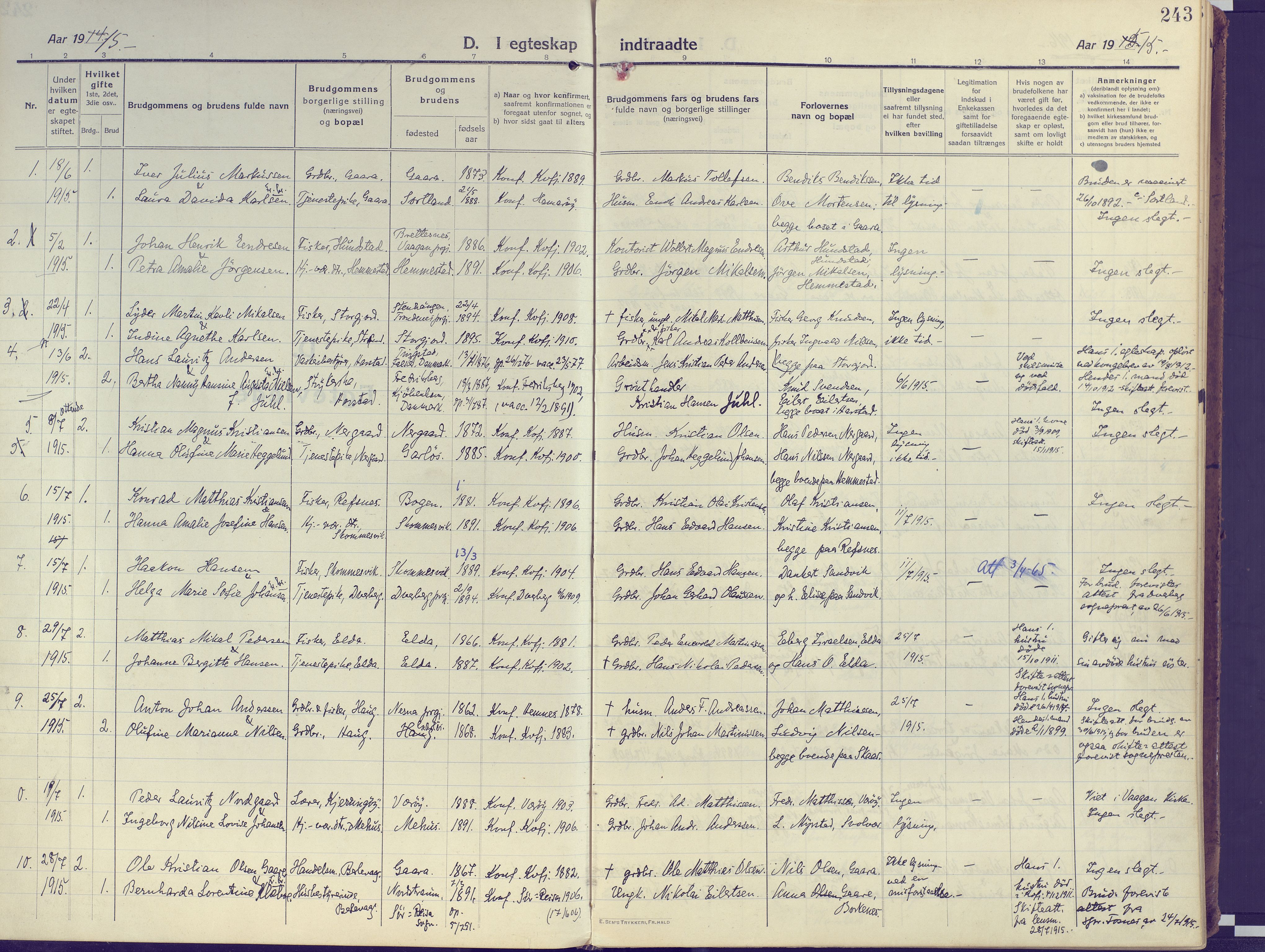 Kvæfjord sokneprestkontor, AV/SATØ-S-1323/G/Ga/Gaa/L0007kirke: Parish register (official) no. 7, 1915-1931, p. 243