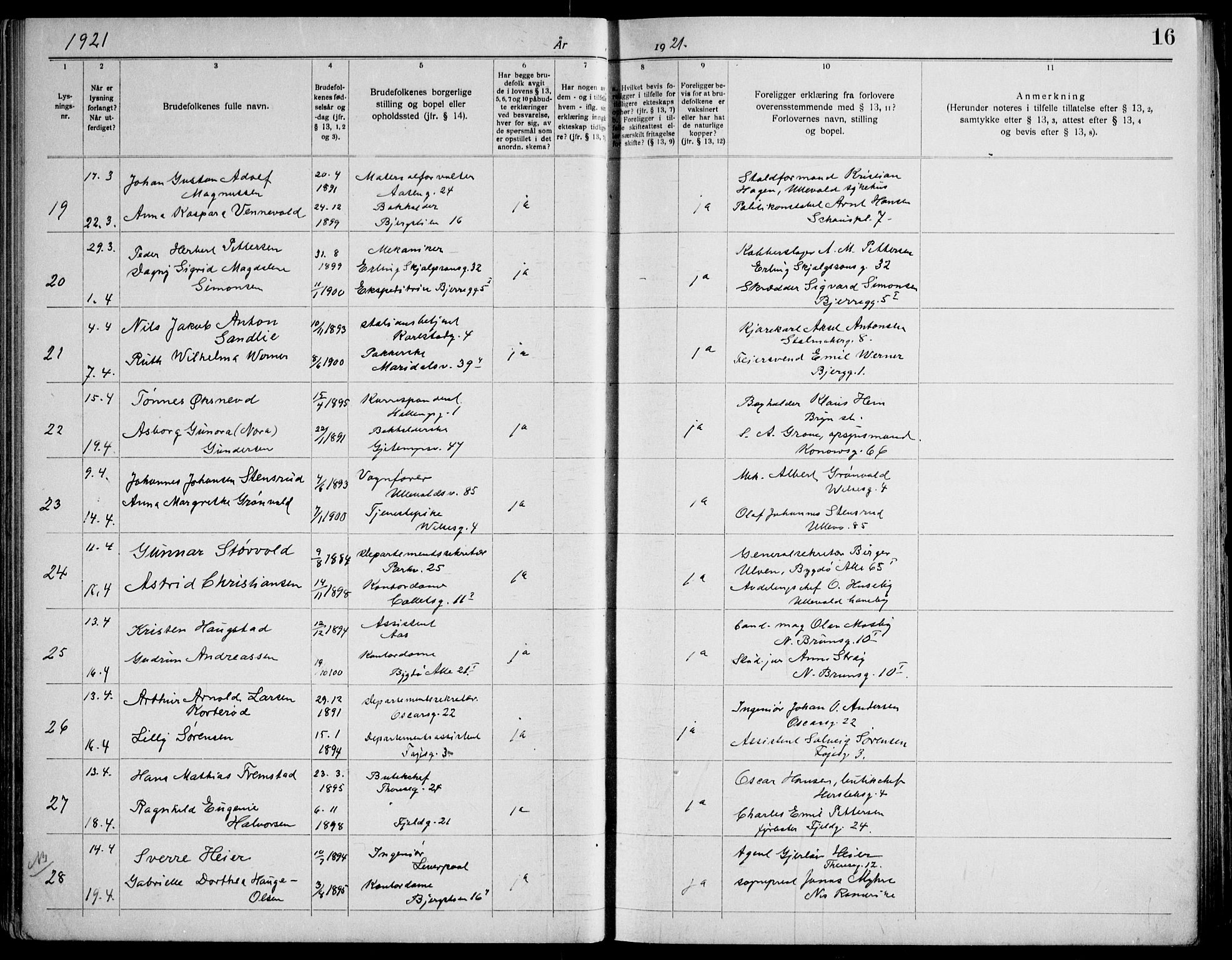 Gamle Aker prestekontor Kirkebøker, SAO/A-10617a/H/L0006: Banns register no. 6, 1920-1928, p. 16