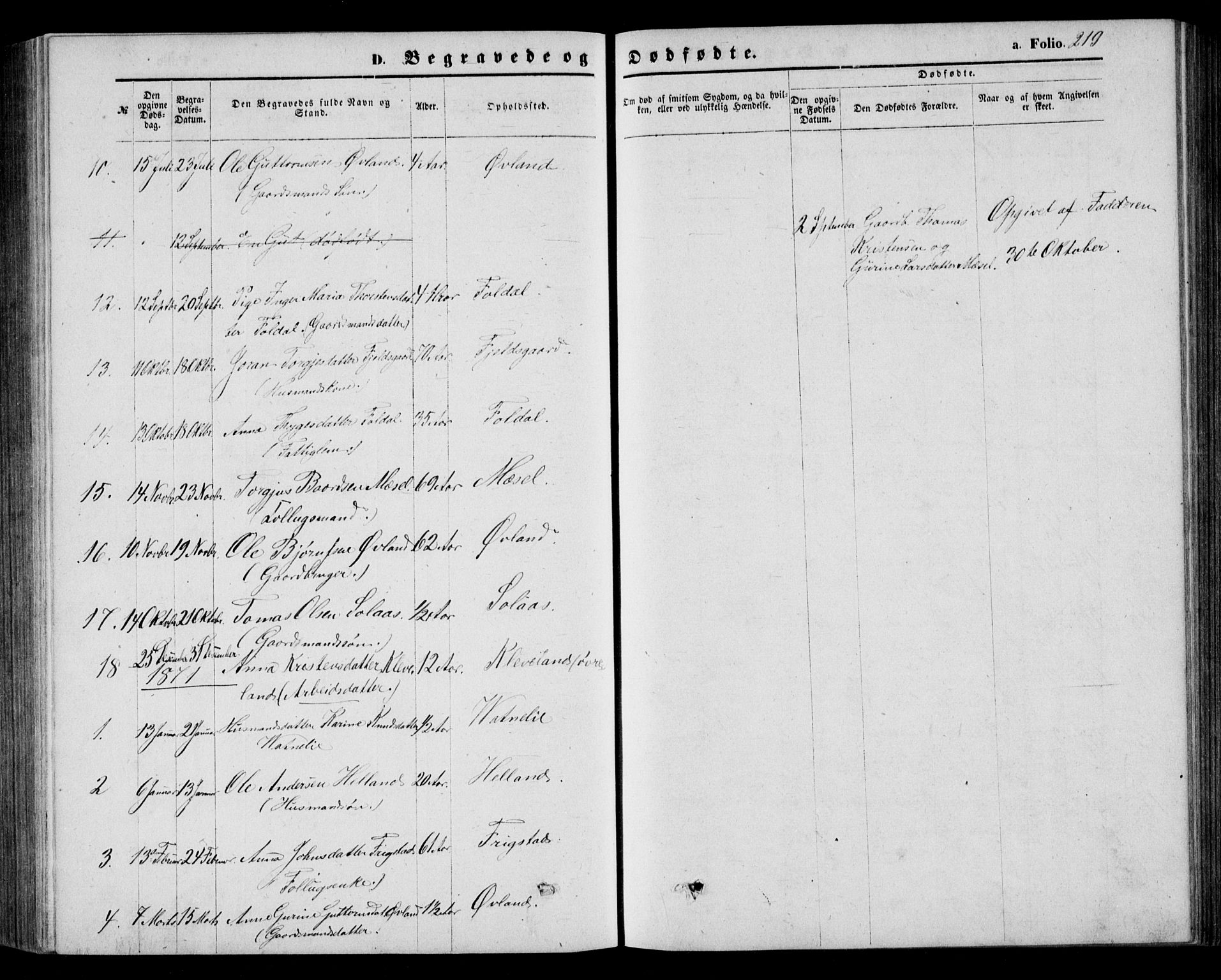 Bjelland sokneprestkontor, AV/SAK-1111-0005/F/Fb/Fbb/L0004: Parish register (copy) no. B 4, 1867-1887, p. 219