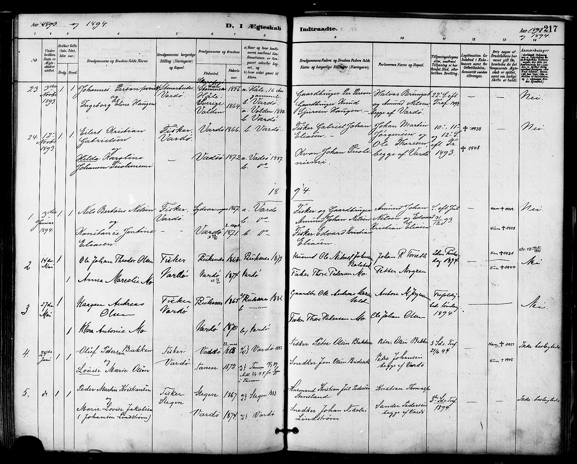 Vardø sokneprestkontor, SATØ/S-1332/H/Ha/L0007kirke: Parish register (official) no. 7, 1886-1897, p. 217