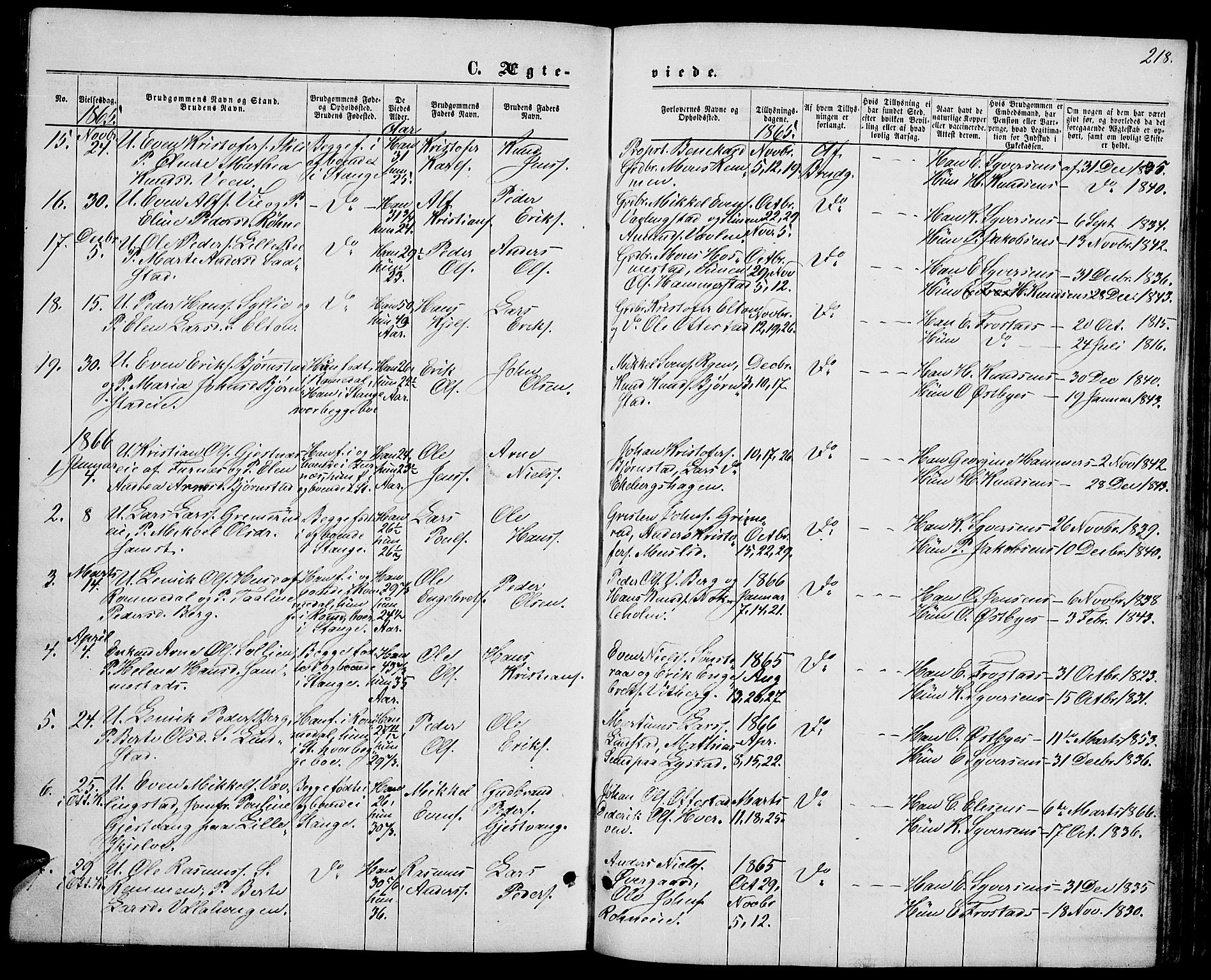 Stange prestekontor, SAH/PREST-002/L/L0006: Parish register (copy) no. 6, 1864-1882, p. 218