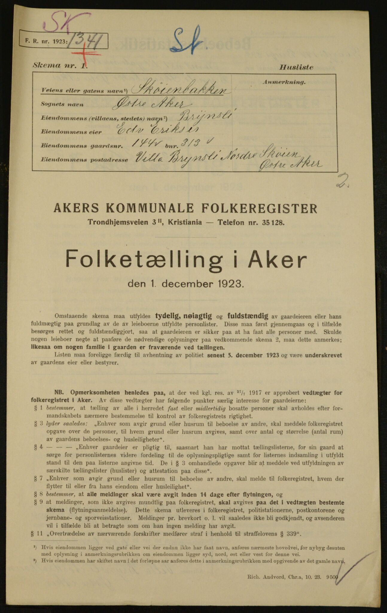 , Municipal Census 1923 for Aker, 1923, p. 30909