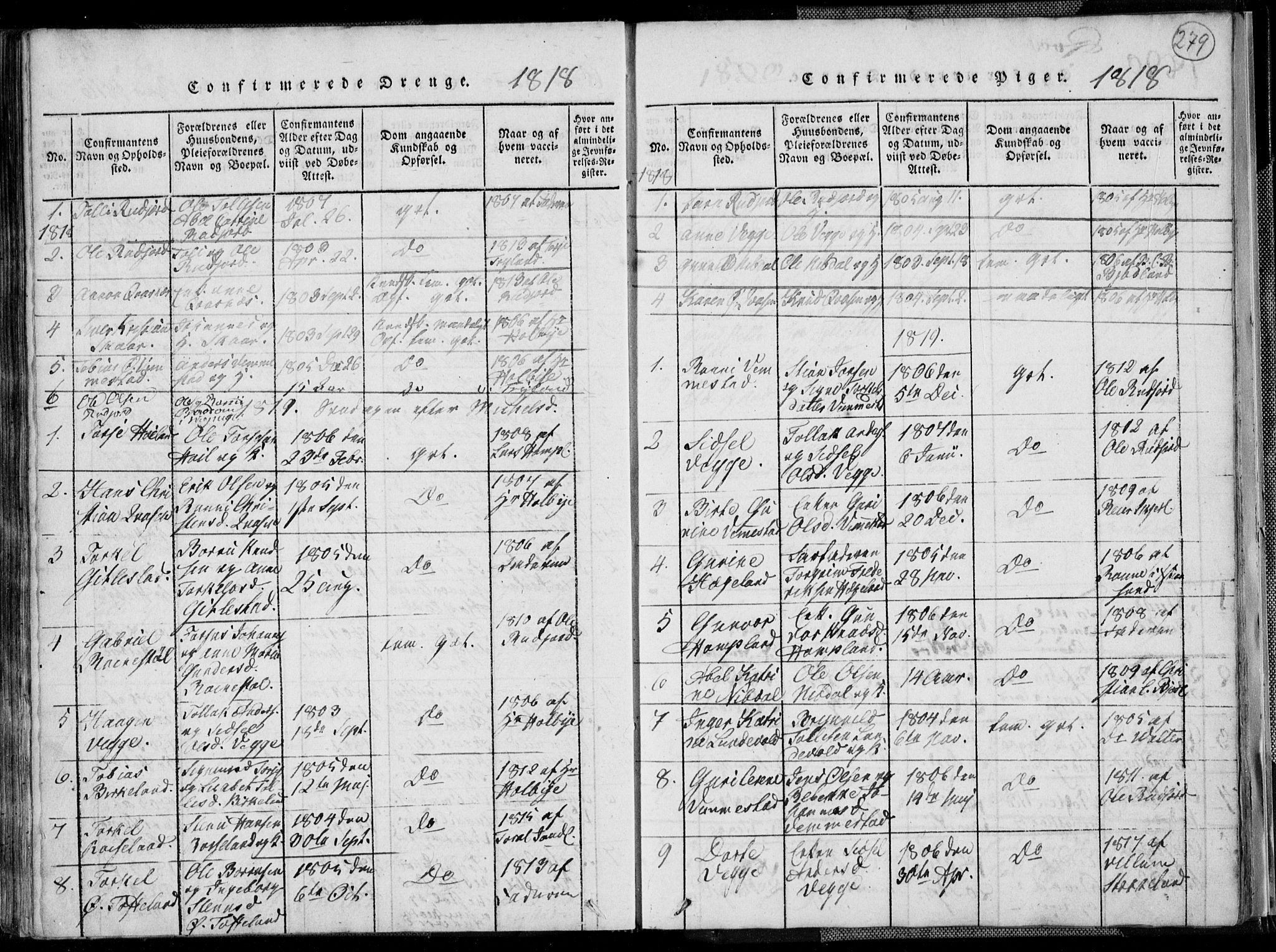 Lyngdal sokneprestkontor, AV/SAK-1111-0029/F/Fa/Fac/L0006: Parish register (official) no. A 6, 1815-1825, p. 279