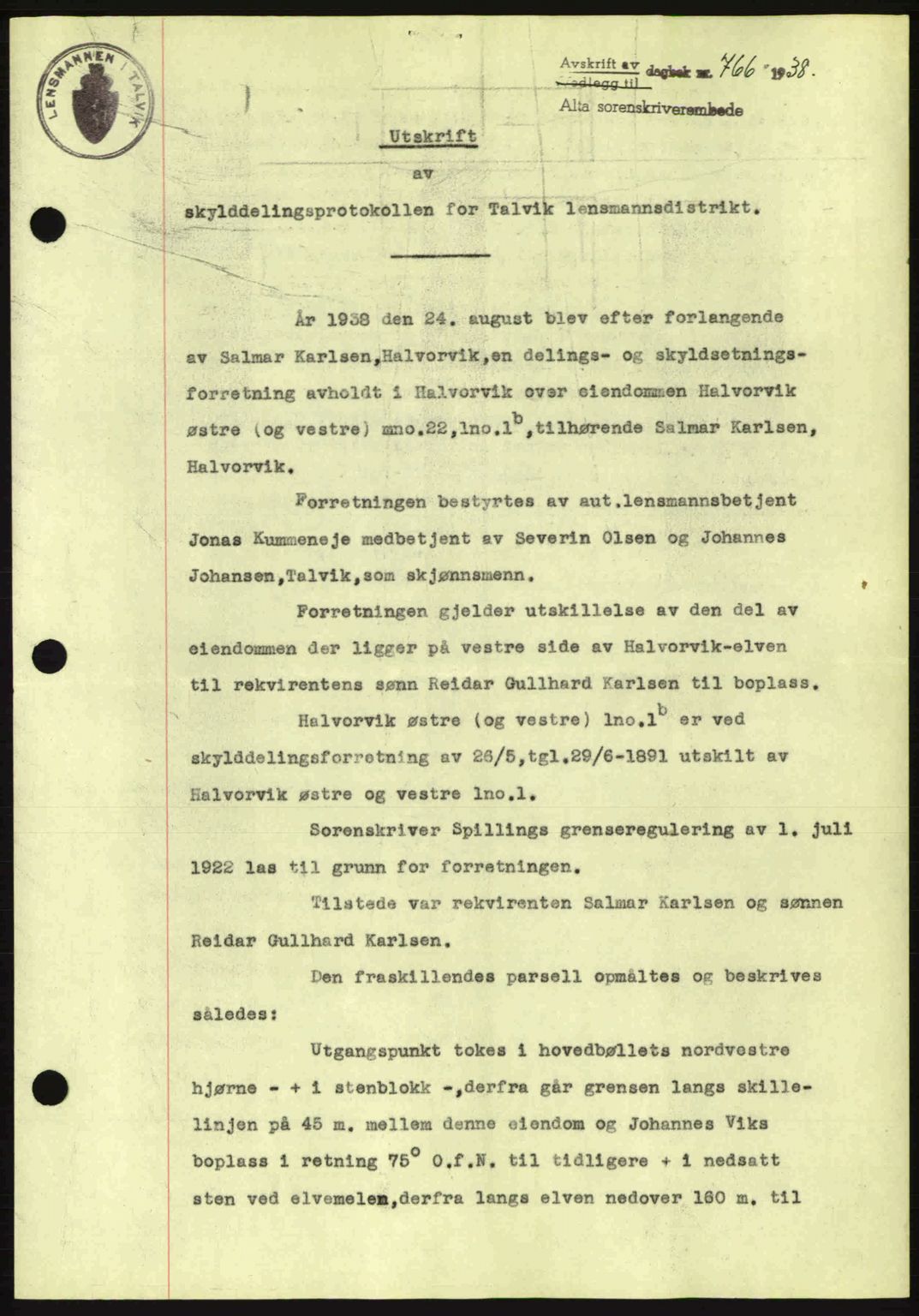 Alta fogderi/sorenskriveri, SATØ/SATØ-5/1/K/Kd/L0031pantebok: Mortgage book no. 31, 1938-1939, Diary no: : 766/1938