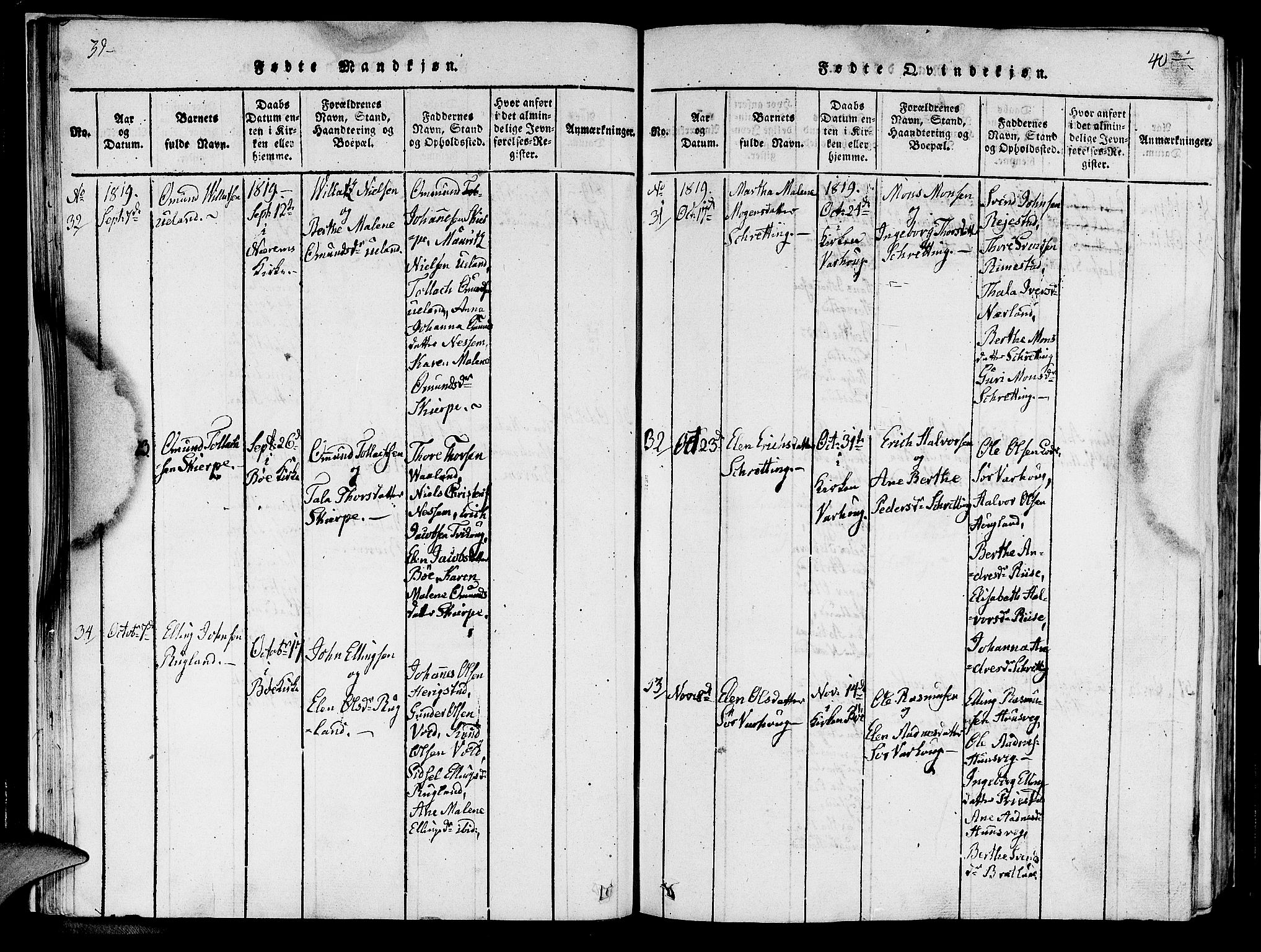 Hå sokneprestkontor, SAST/A-101801/001/30BA/L0003: Parish register (official) no. A 3, 1815-1825, p. 39-40