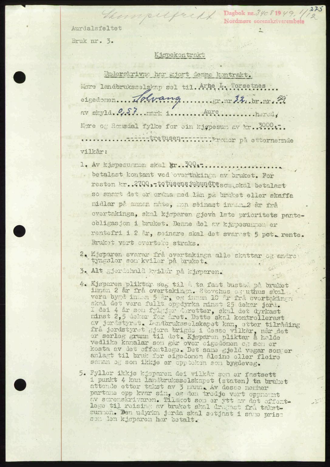 Nordmøre sorenskriveri, AV/SAT-A-4132/1/2/2Ca: Mortgage book no. A113, 1949-1950, Diary no: : 3408/1949