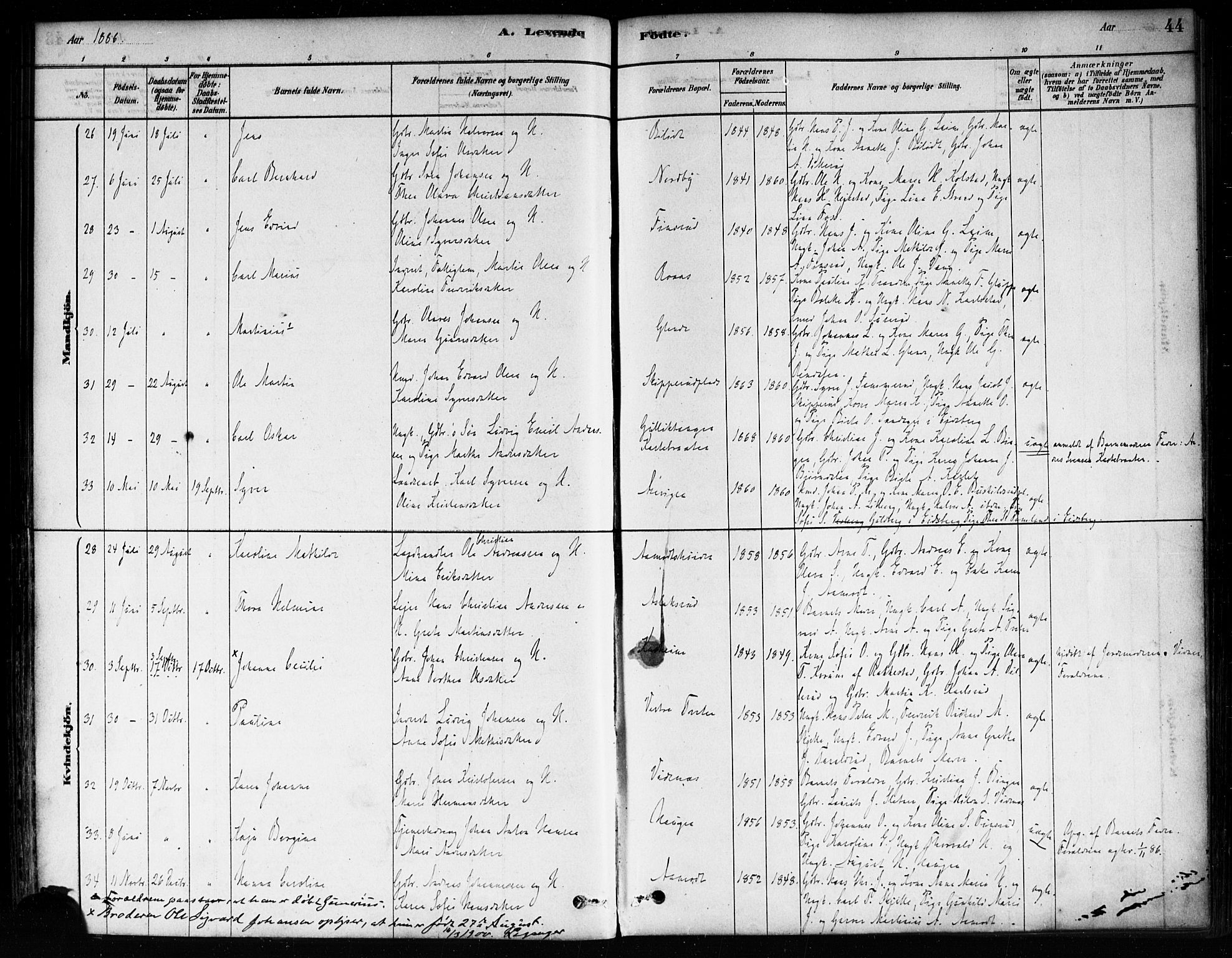 Skiptvet prestekontor Kirkebøker, SAO/A-20009/F/Fa/L0009: Parish register (official) no. 9, 1878-1900, p. 44
