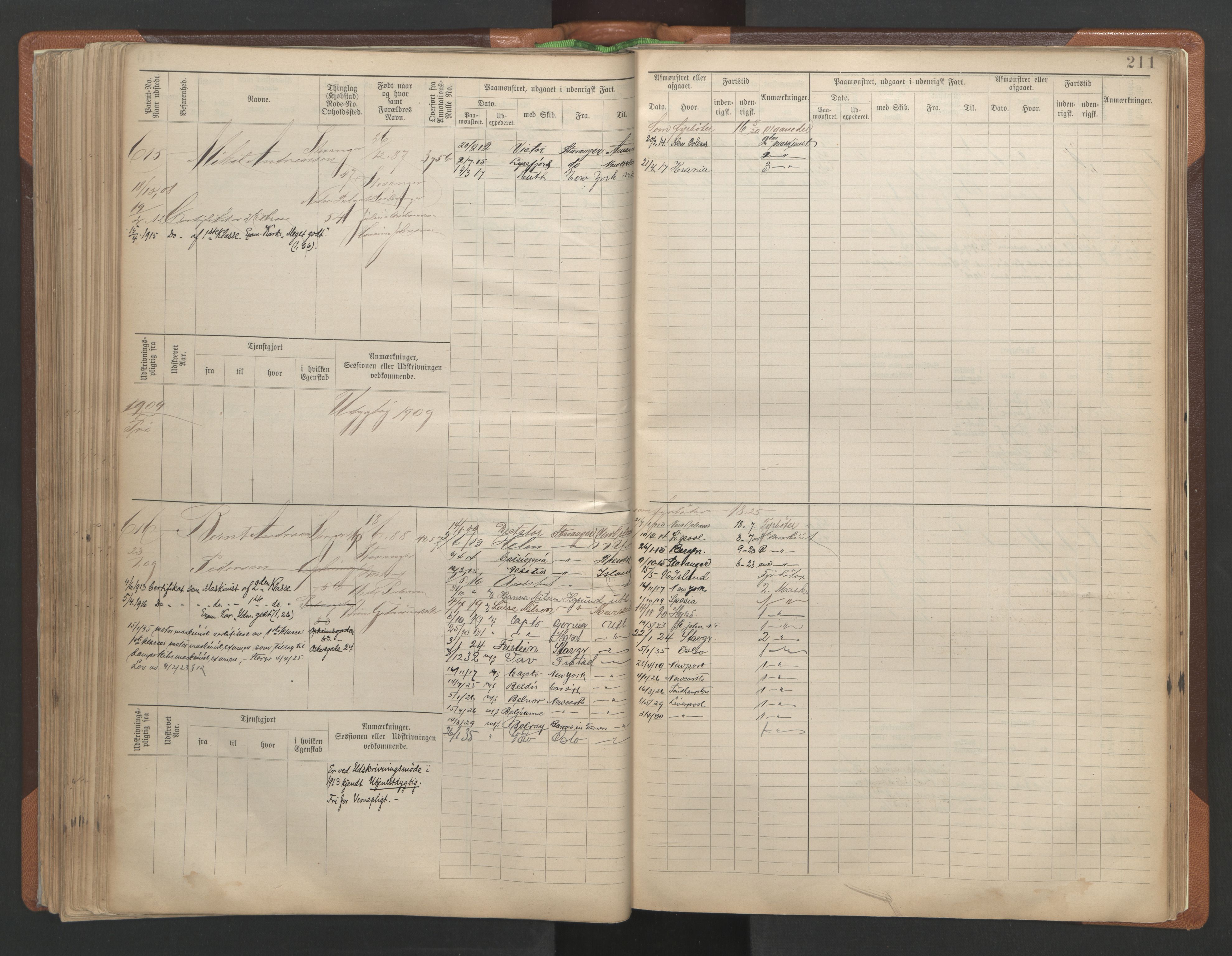 Stavanger sjømannskontor, SAST/A-102006/F/Fe/L0002: Maskinist- og fyrbøterrulle, patentnr. 195-781, 1893-1922, p. 216