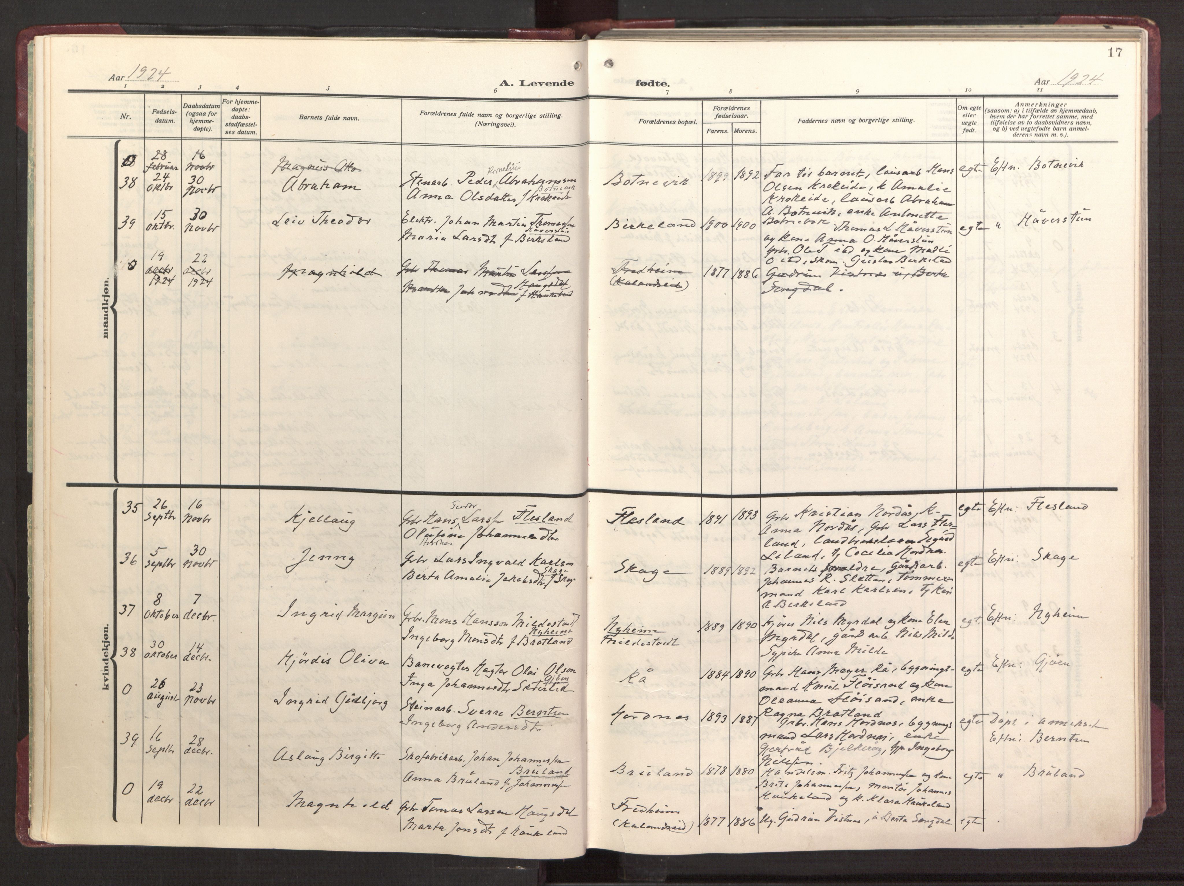 Fana Sokneprestembete, AV/SAB-A-75101/H/Haa/Haab/L0006: Parish register (official) no. B 6, 1923-1967, p. 17