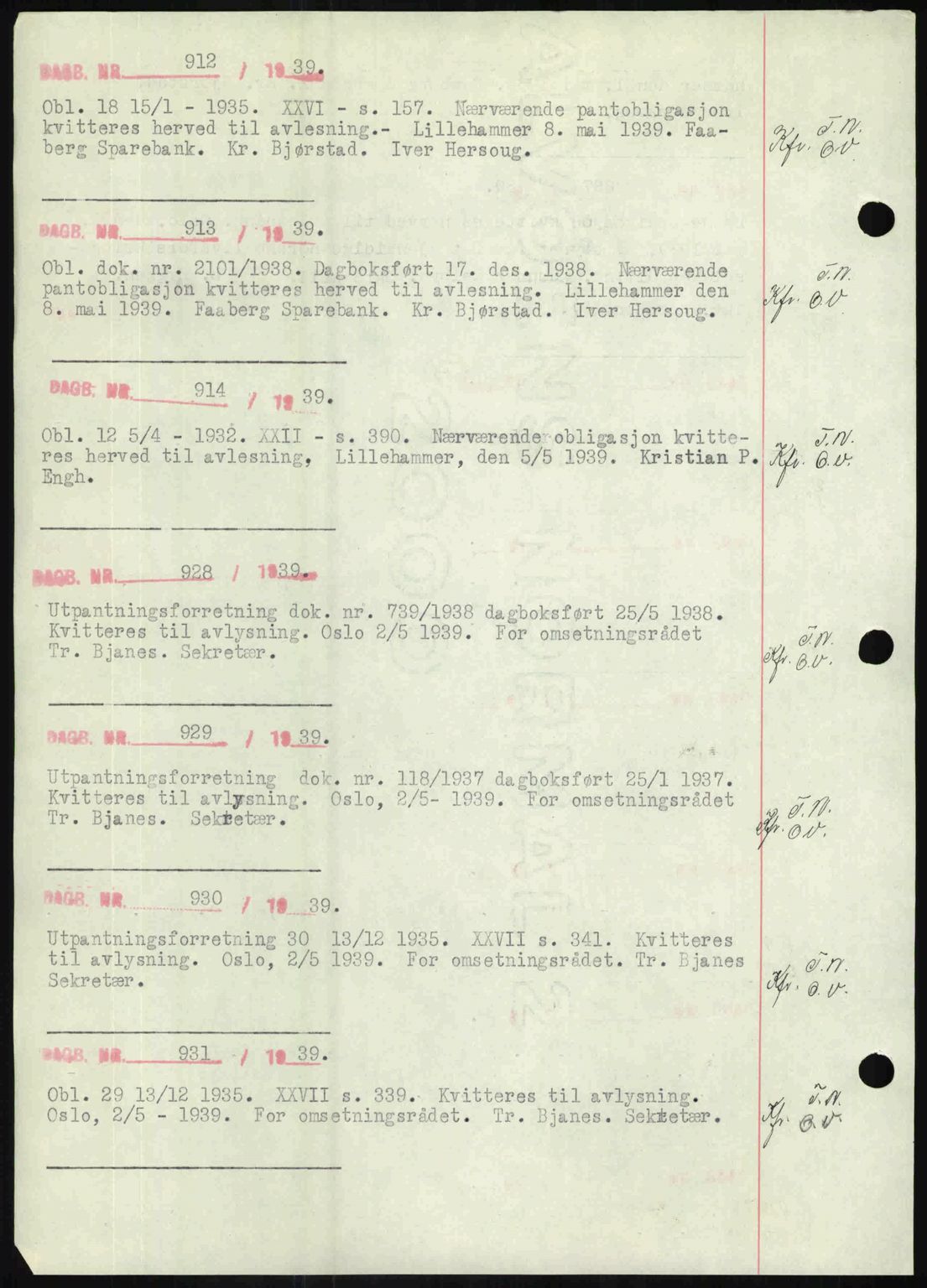 Sør-Gudbrandsdal tingrett, SAH/TING-004/H/Hb/Hbf/L0002: Mortgage book no. C1, 1938-1951, Diary no: : 912/1939