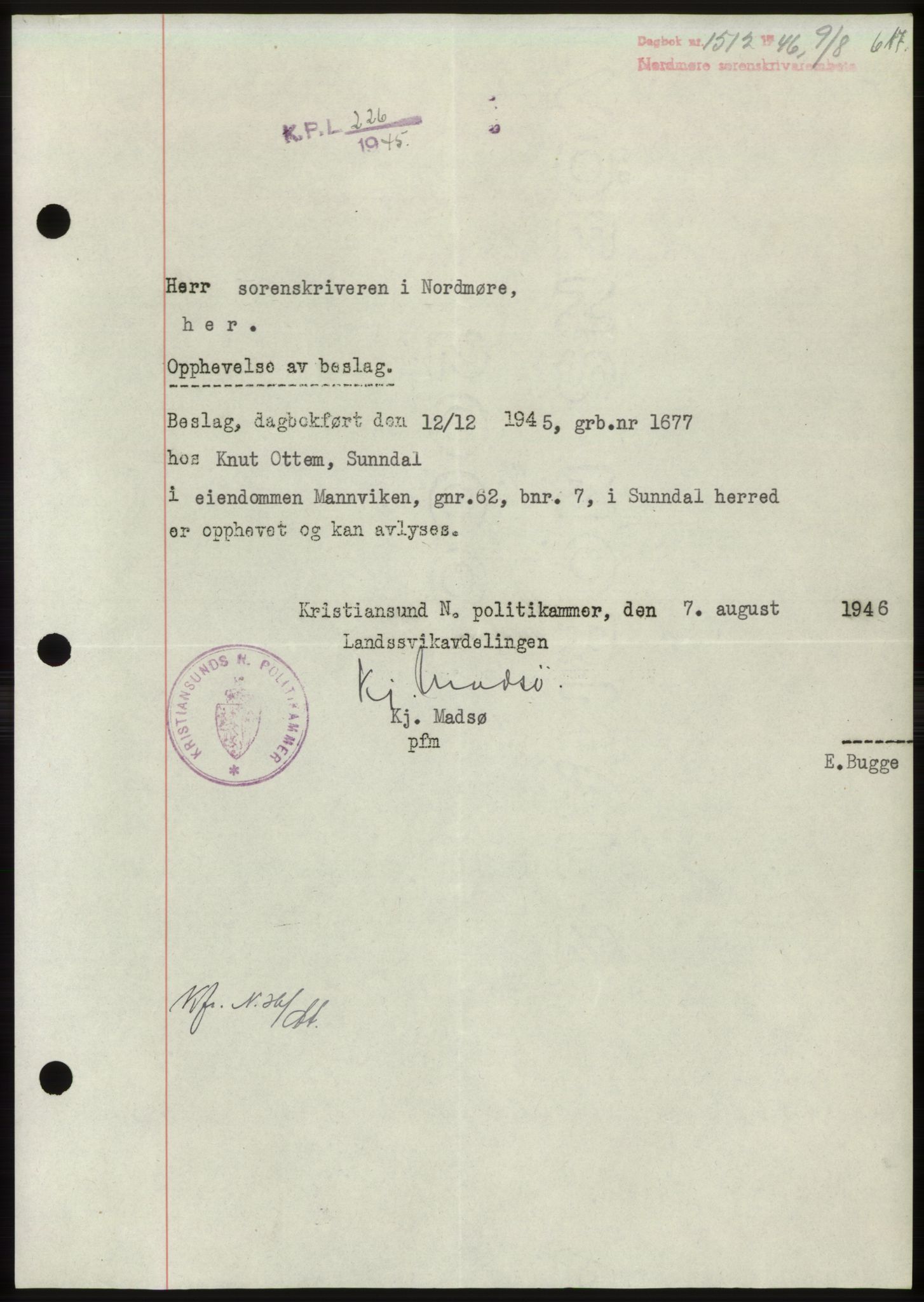 Nordmøre sorenskriveri, AV/SAT-A-4132/1/2/2Ca: Mortgage book no. B94, 1946-1946, Diary no: : 1512/1946