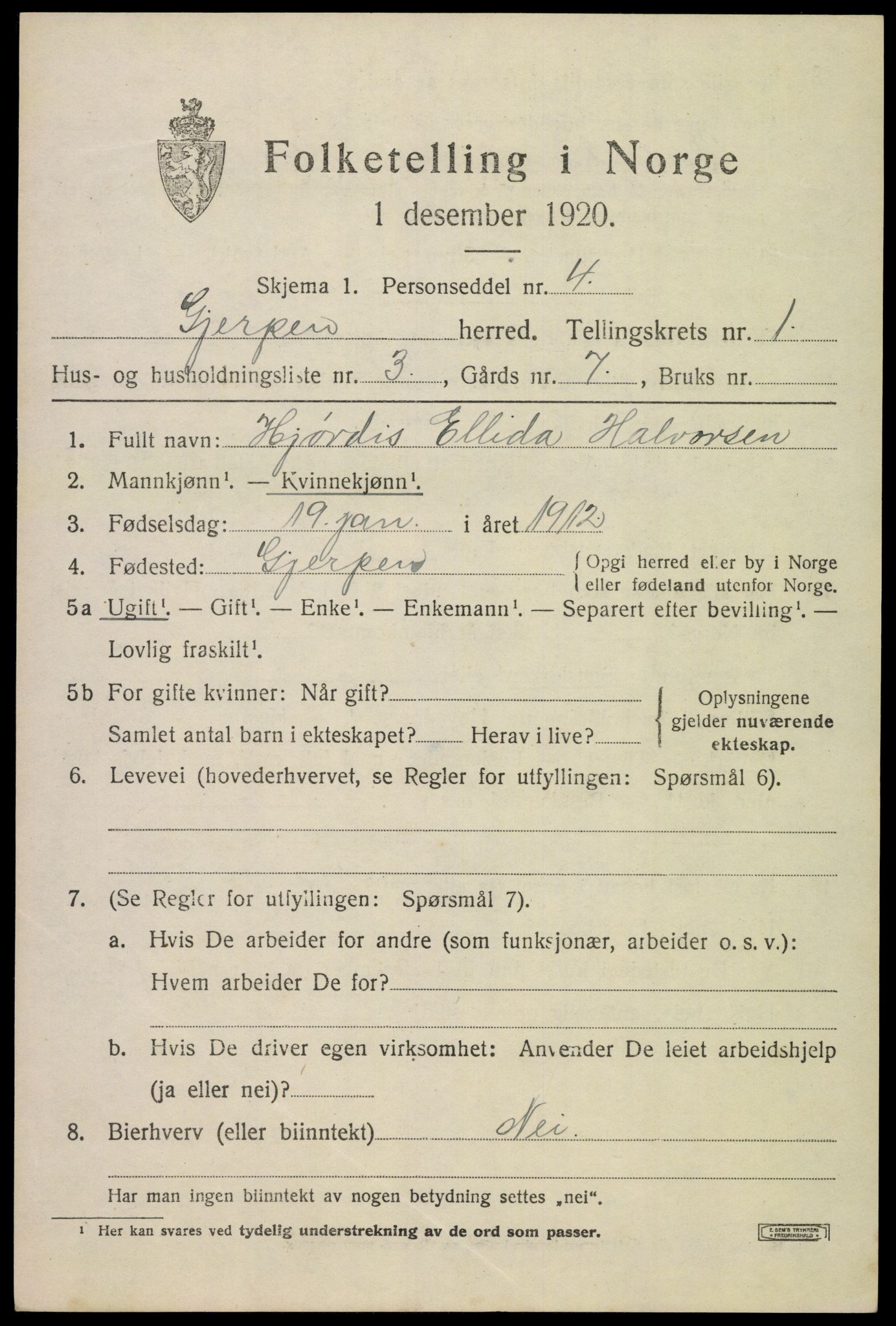 SAKO, 1920 census for Gjerpen, 1920, p. 2718
