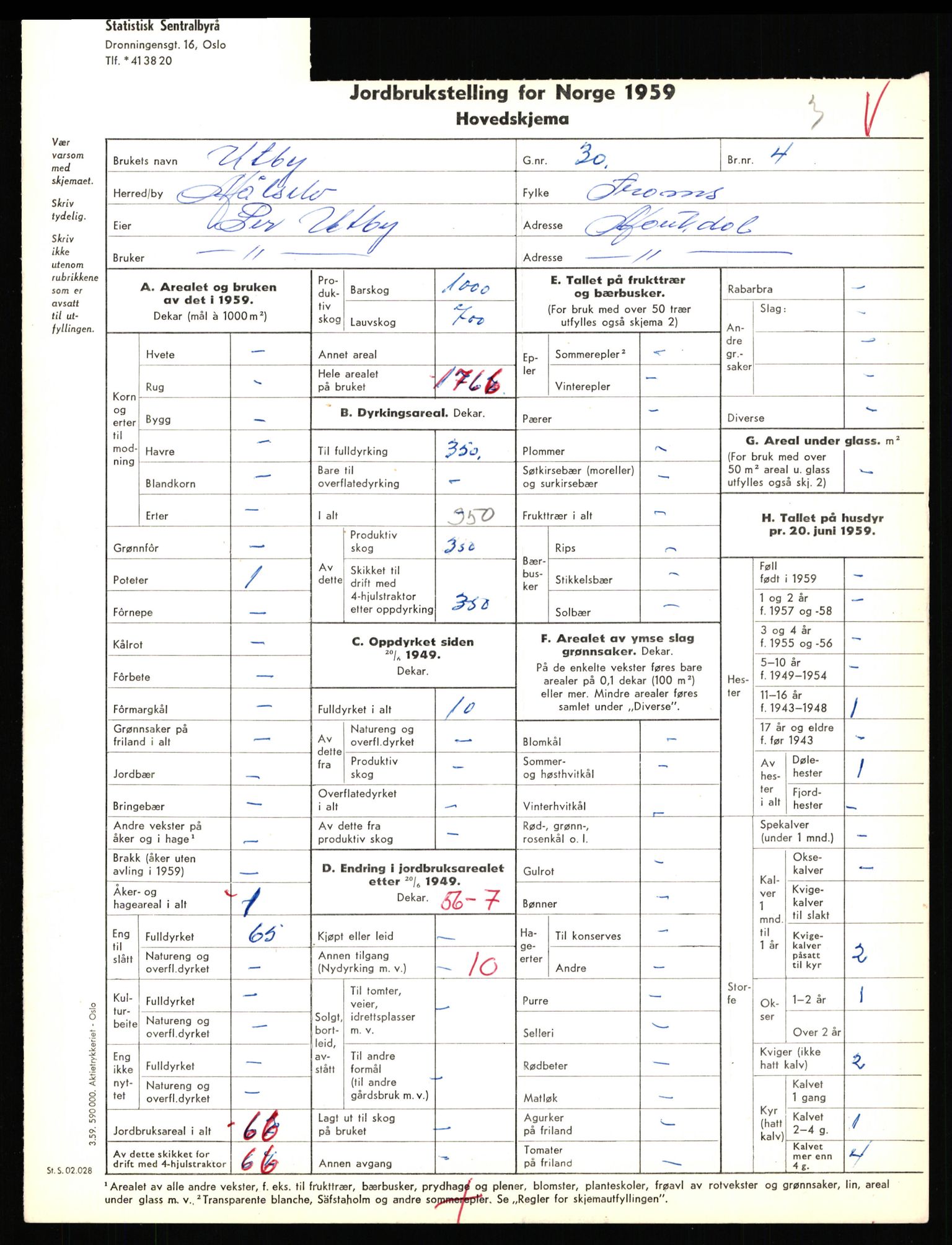 Statistisk sentralbyrå, Næringsøkonomiske emner, Jordbruk, skogbruk, jakt, fiske og fangst, AV/RA-S-2234/G/Gd/L0655: Troms: 1924 Målselv (kl. 4-10), 1959, p. 1005