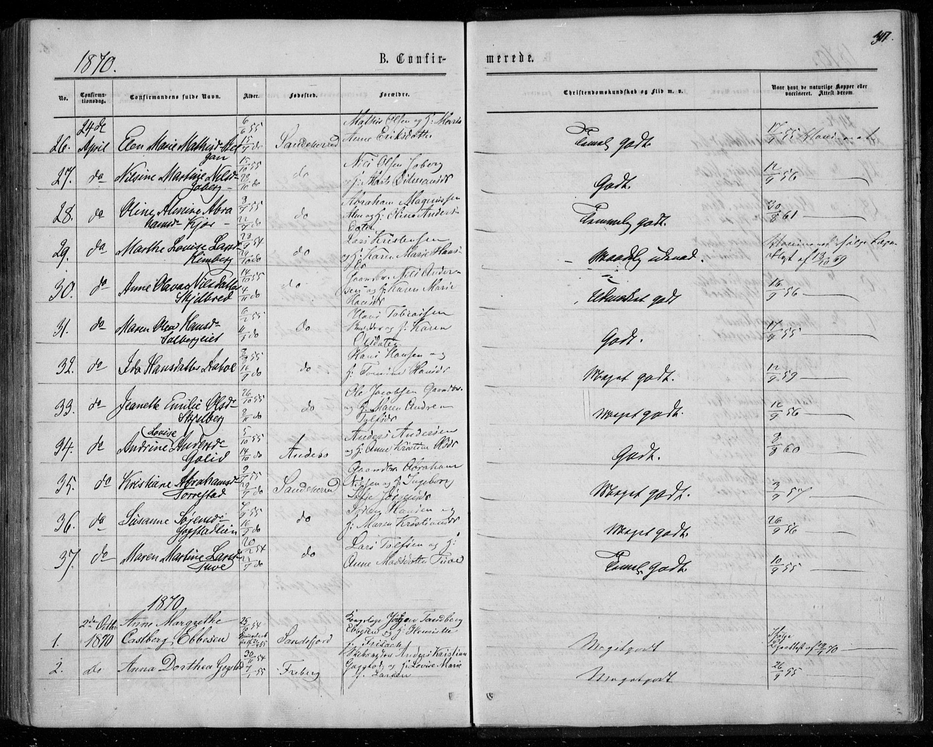 Sandar kirkebøker, SAKO/A-243/F/Fa/L0008: Parish register (official) no. 8, 1862-1871, p. 317