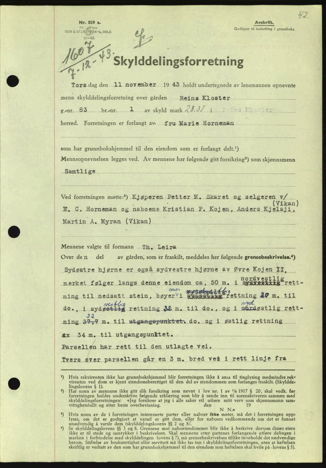 Fosen sorenskriveri, AV/SAT-A-1107/1/2/2C: Mortgage book no. A3, 1943-1945, Diary no: : 1607/1943